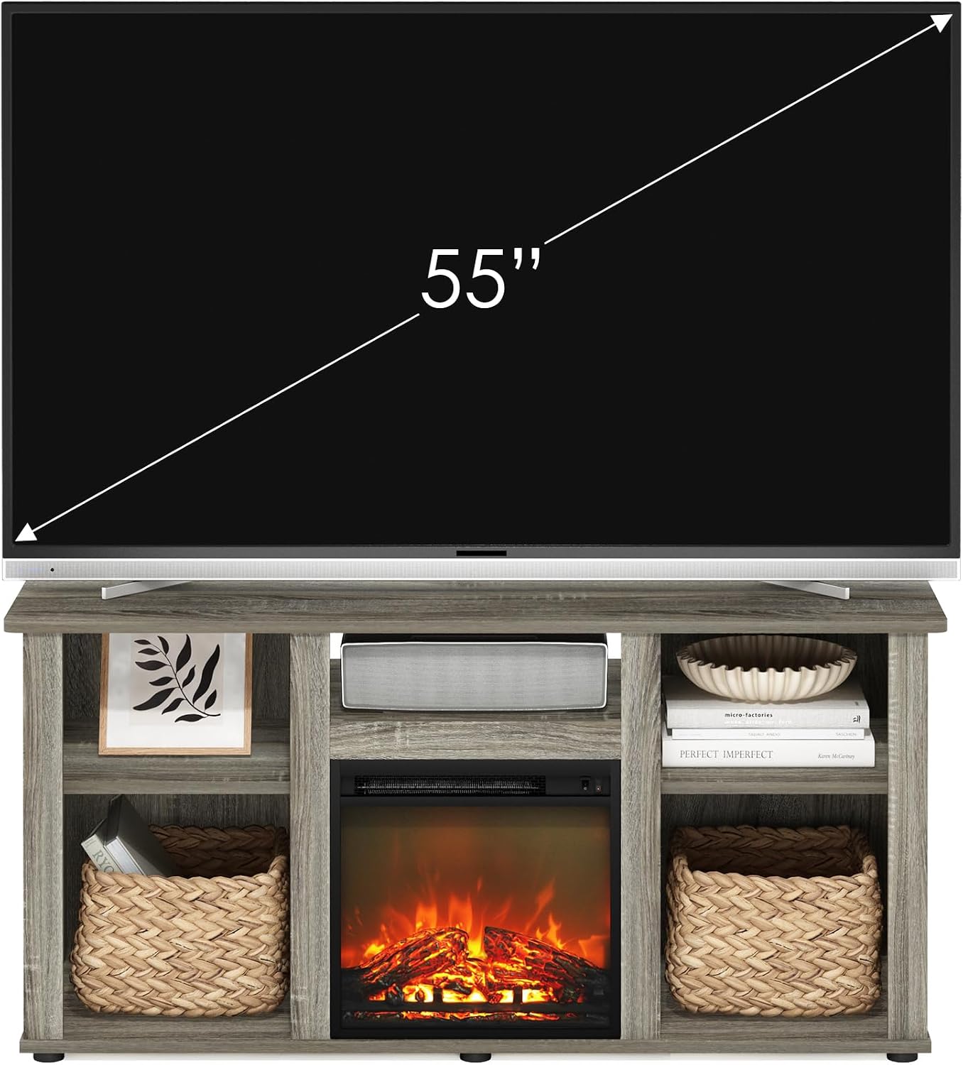 Furinno Jensen Fireplace TV Stand, Entertainment Center, TV Console for TV up to 55 Inch with Fireplace and Open Storage Compartment, for Living Room, Bedroom, French Oak Grey