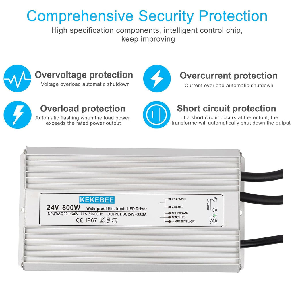 LED Driver 24V800W Waterproof Power Supply 90-130V to 24V33.3A AC to DC Converter IP67 Low Voltage Transformer Suitable for Indoor and Outdoor LED Lighting and Any 24V DC Device
