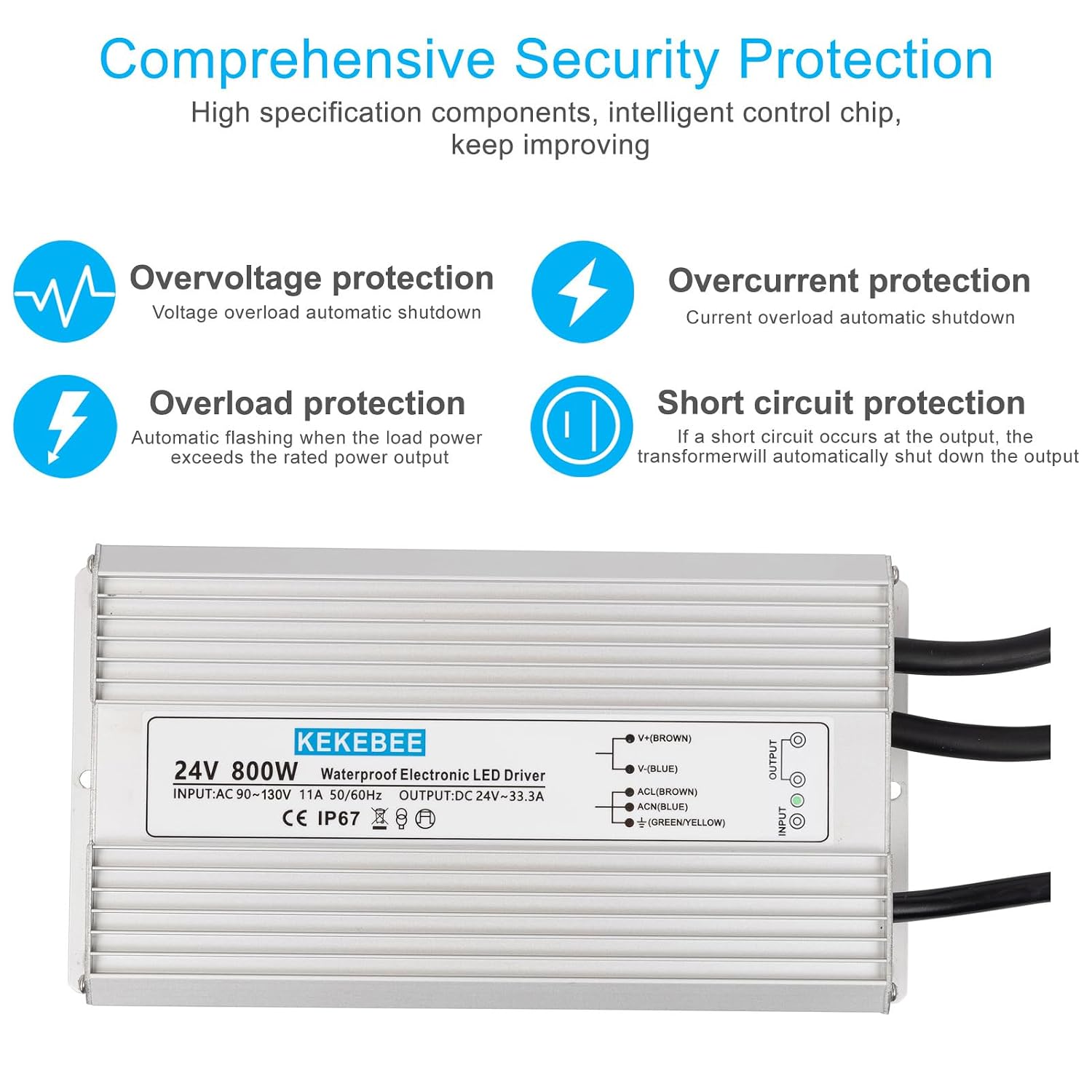 LED Driver 24V800W Waterproof Power Supply 90-130V to 24V33.3A AC to DC Converter IP67 Low Voltage Transformer Suitable for Indoor and Outdoor LED Lighting and Any 24V DC Device