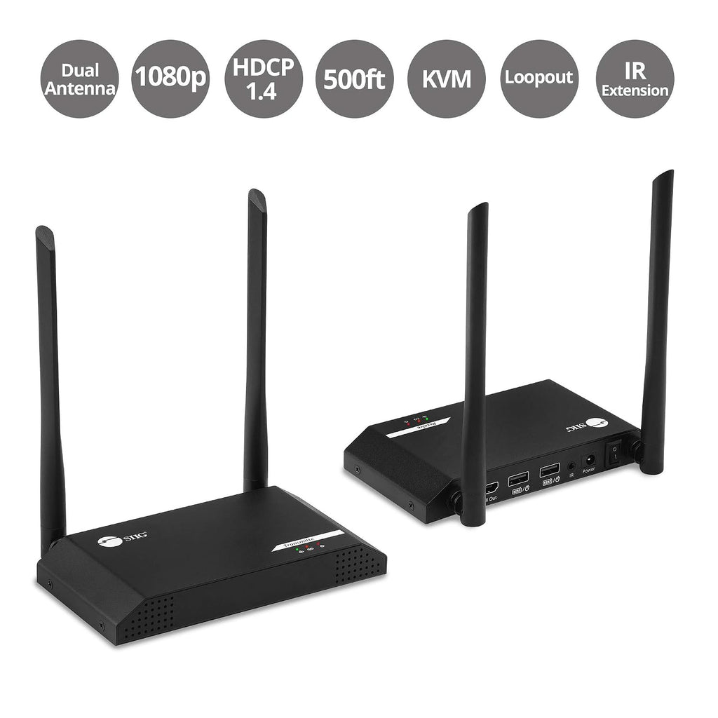 SIIG 500ft 1080p Wireless HDMI USB KVM Extender with IR & Local Loop-Out,HDMI 1.3,HDCP 1.4, 2.4G Wireless 2T2R MIMO Antenna,2X USB 2.0, Stereo Audio,Low Latency,Premium Metal Housing CE-H26G11-S1