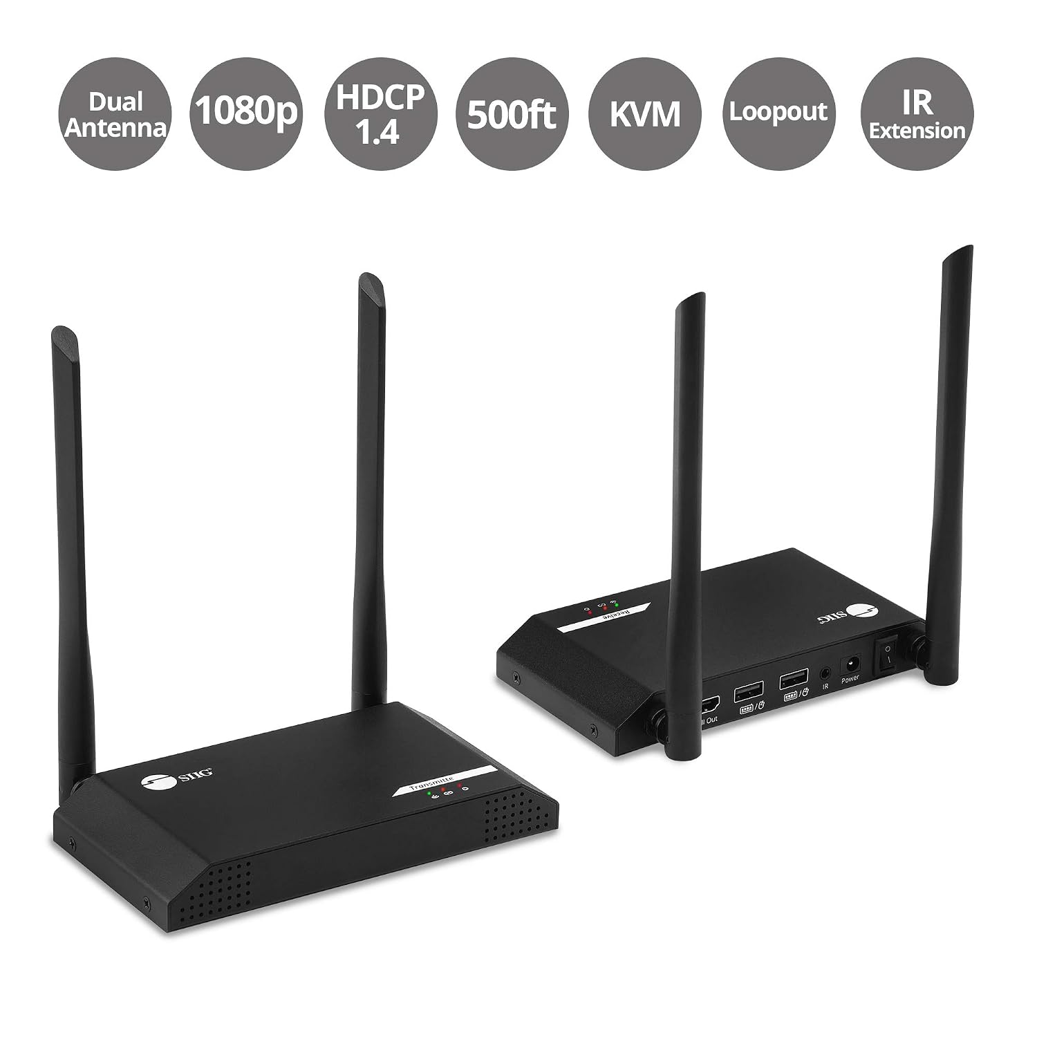 SIIG 500ft 1080p Wireless HDMI USB KVM Extender with IR & Local Loop-Out,HDMI 1.3,HDCP 1.4, 2.4G Wireless 2T2R MIMO Antenna,2X USB 2.0, Stereo Audio,Low Latency,Premium Metal Housing CE-H26G11-S1