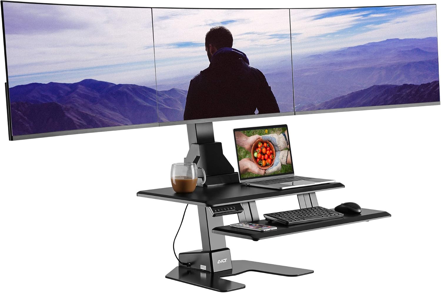 AVLT Electric Standing Desk Converter for Triple 32' Monitors, Motorized Sit to Stand Riser with 28'x16' Tabletop, Large Keyboard Tray, Height Adjustable, Sturdy Base, Small Footprint