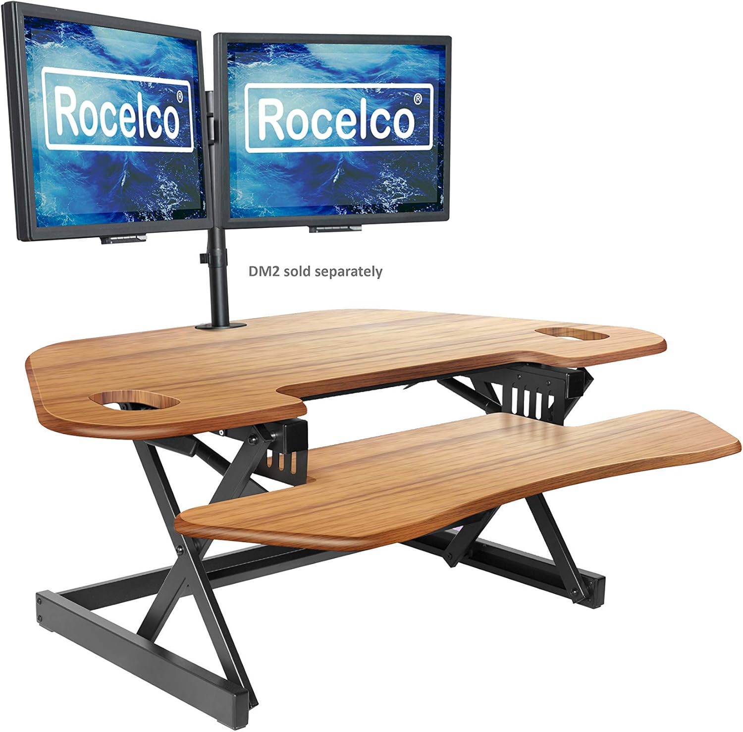 Rocelco 46' Large Height Adjustable Corner Standing Desk Converter - Quick Sit Stand Up Dual Monitor Riser - Gas Spring Assist Computer Workstation - Wide Keyboard Tray - Teak Wood Grain (R CADRT-46)