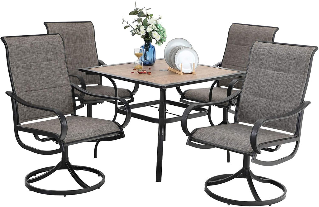 PHI VILLA 5 PCS Patio Dining Set with 4 Padded Outdoor Swivel Dining Chairs and 37'x 37' Premium PVC Table Top Dining Table(1.57' Umbrella Hole), Outdoor Dining Table & Chair Set for Deck Lawn Garden