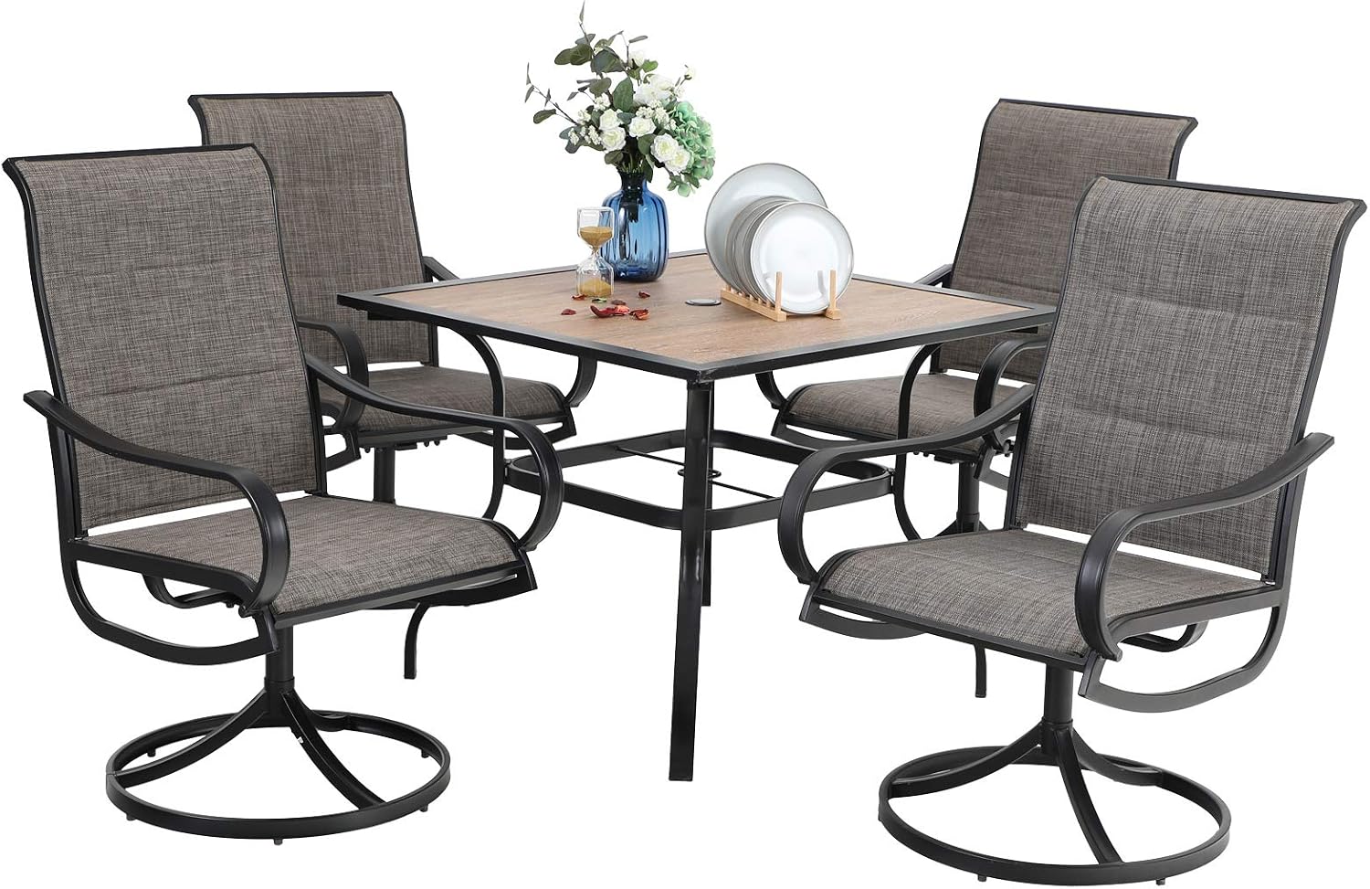 PHI VILLA 5 PCS Patio Dining Set with 4 Padded Outdoor Swivel Dining Chairs and 37'x 37' Premium PVC Table Top Dining Table(1.57' Umbrella Hole), Outdoor Dining Table & Chair Set for Deck Lawn Garden