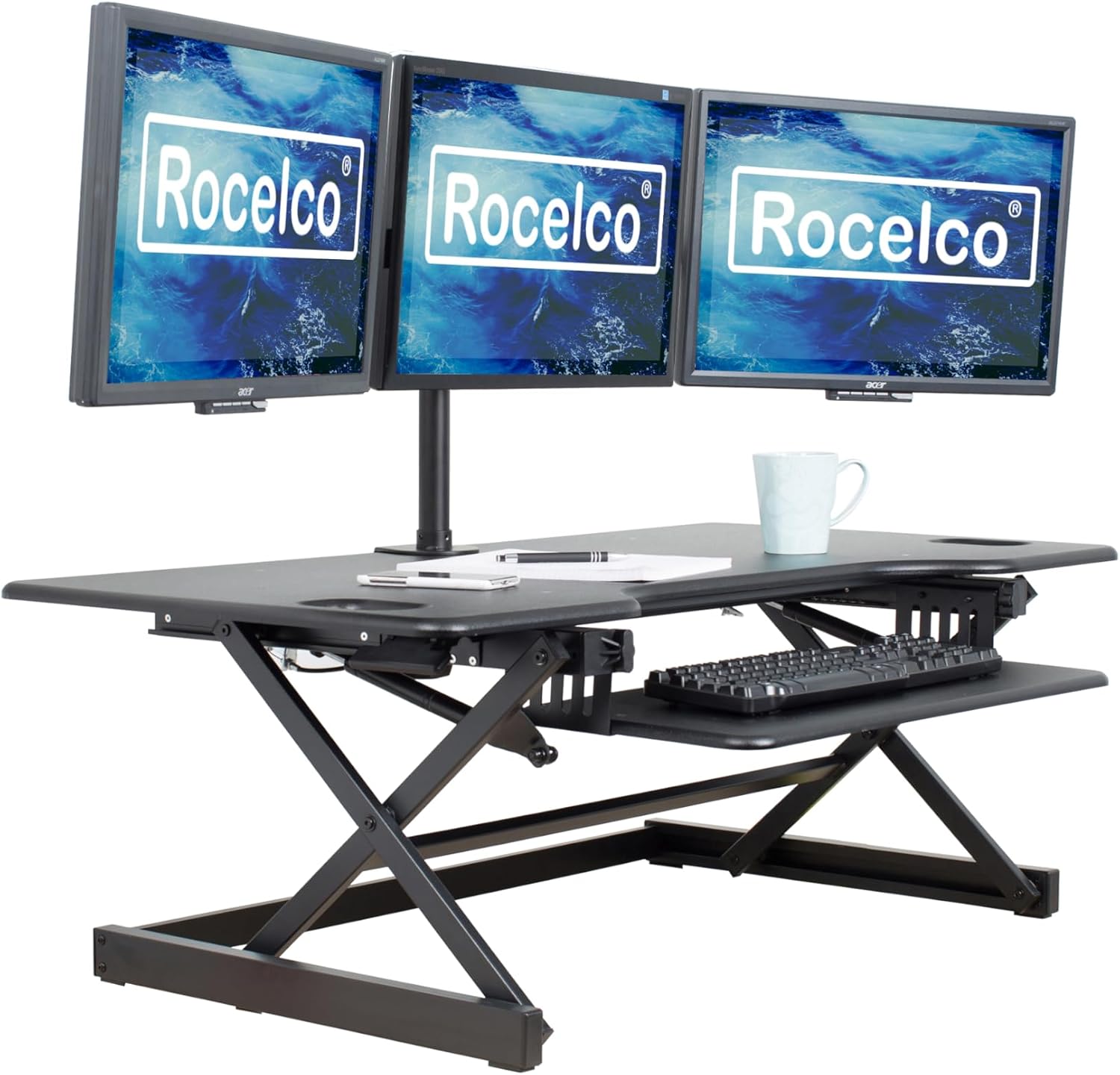 Rocelco 46' Large Height Adjustable Standing Desk Converter - Quick Sit Stand Up Triple Monitor Riser - Tall Gas Spring Assist Computer Workstation - Retractable Keyboard Tray - Black (R DADRB-46)
