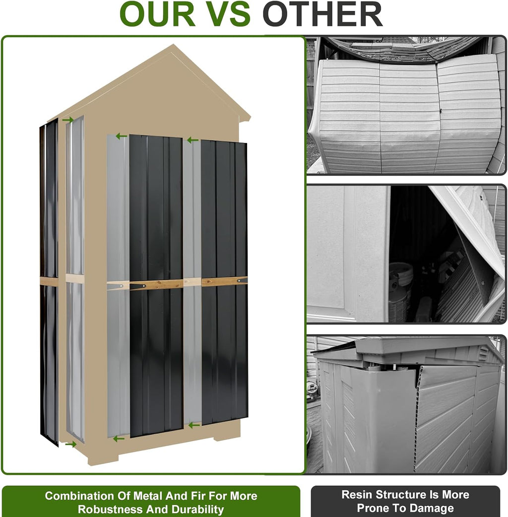 Wood & Metal Outdoor Storage Cabinet with Waterproof Roof, Garden Tool Shed with 6 T-Hinge, 4 Reinforced feet with Metal Brackets and 6 Adjustable feet, 3 Removable Shelves, 13.2X 31x 67IN