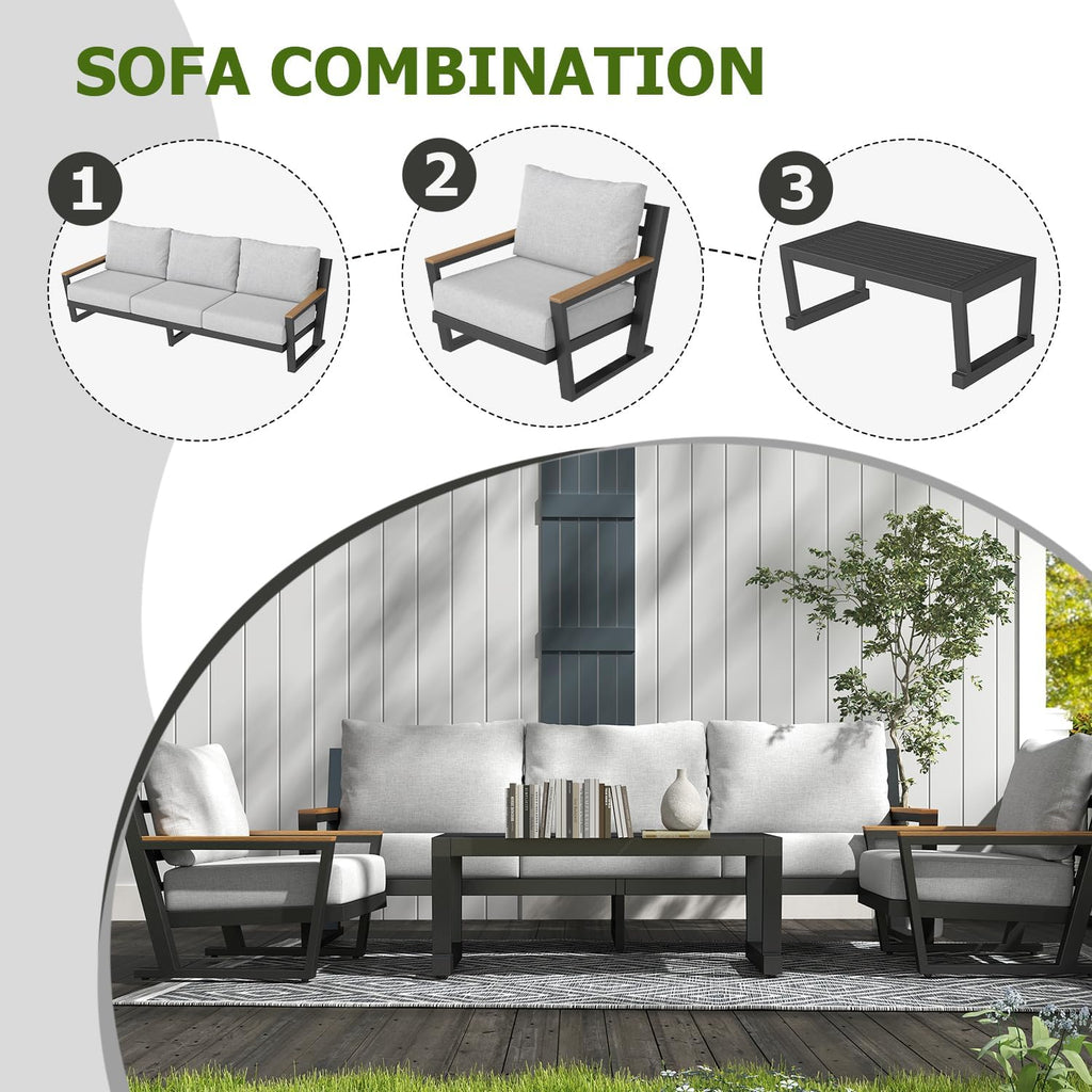 Aluminum Patio Furniture Set, All Weather Rust Proof Outdoor Conversation Set with Washable Cushions, Metal Frame Sofa for Poolside Backyard Garden Balcony Grey