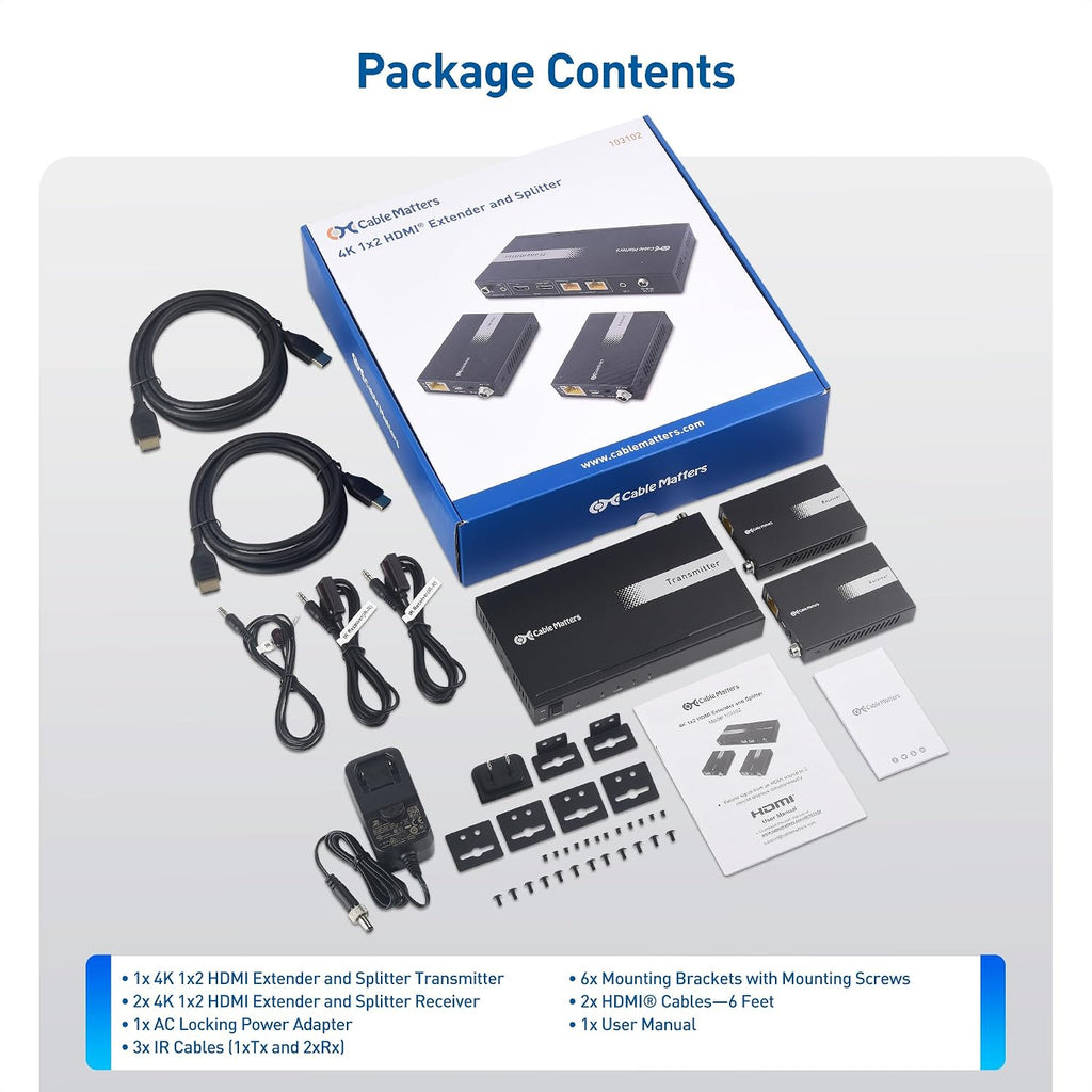 Cable Matters 4K@60Hz 4K HDMI Extender Splitter 1x2 with Local Loopout, IR Extension, and Dual Remote Display Support - Extends 4K@60Hz Video up to 115ft, 1080P@60Hz Video to 197ft