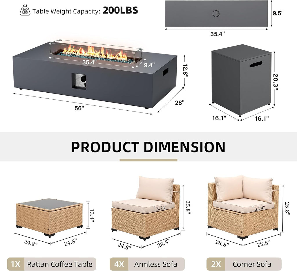 UPHA 9 Pieces Patio Furniture Sets, Wicker Outdoor Sectional Sofa Couch with Rectangle Propane Pit for Deck Backyard Garden, Beige Rattan, Beige Cushion