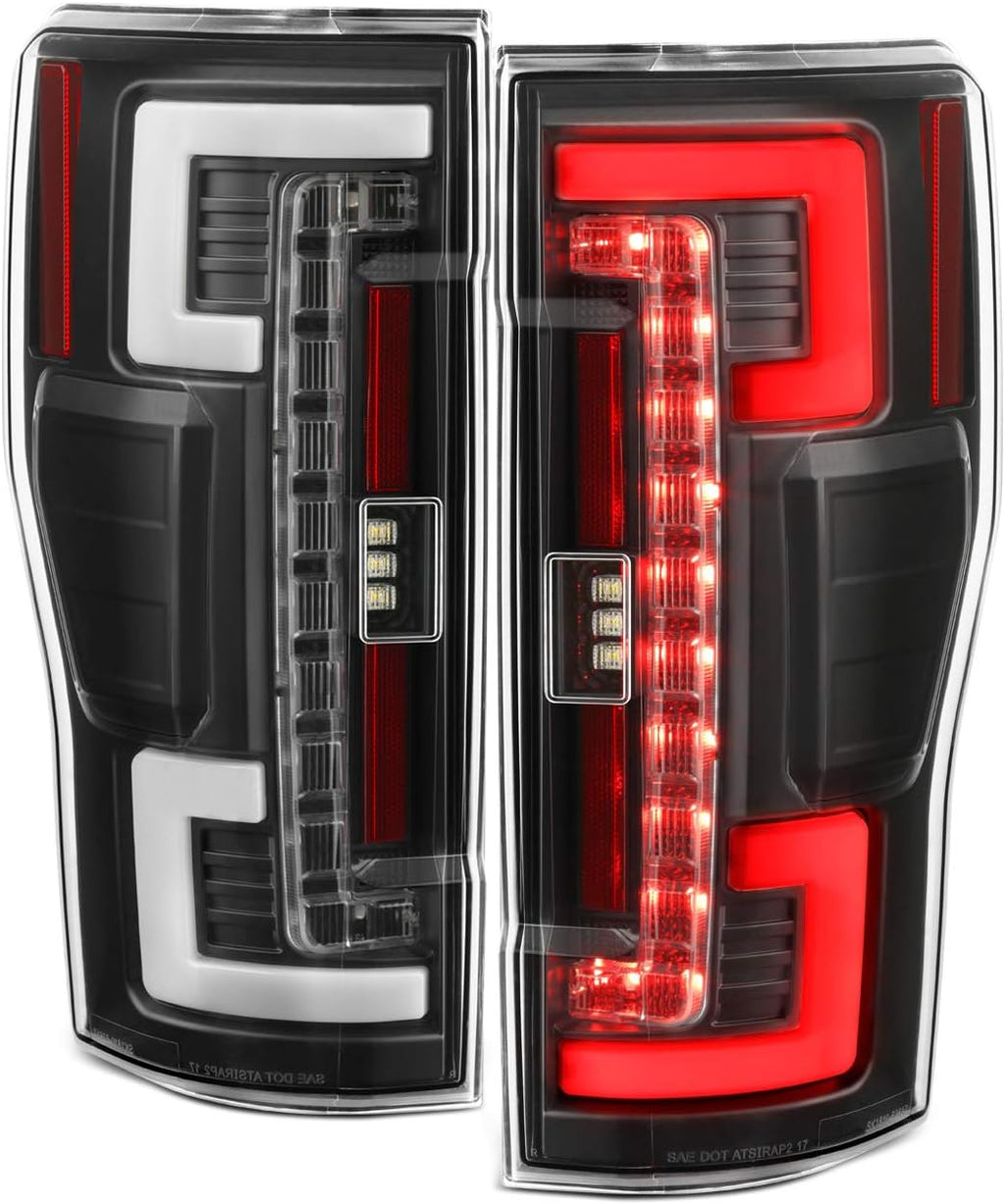 AKKON - Fits 17-19 Ford F250 F350 F450 Super Duty LED Stripe Tube Bar [Blind Spot Monitor] Black Tail Lights Left+Right Pair