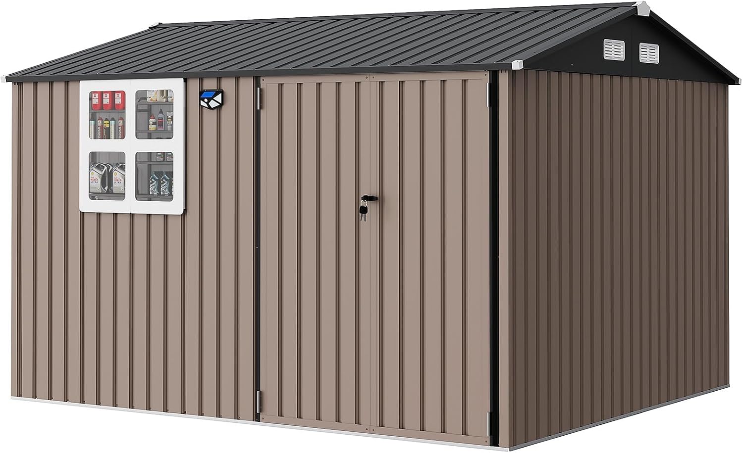 GarveeLife 8x10 ft Outdoor Storage Shed, Metal Garden Tool Shed with Updated Frame Structure, Lockable Doors and Windows, Ideal for Backyard Garden Patio Lawn, Brown