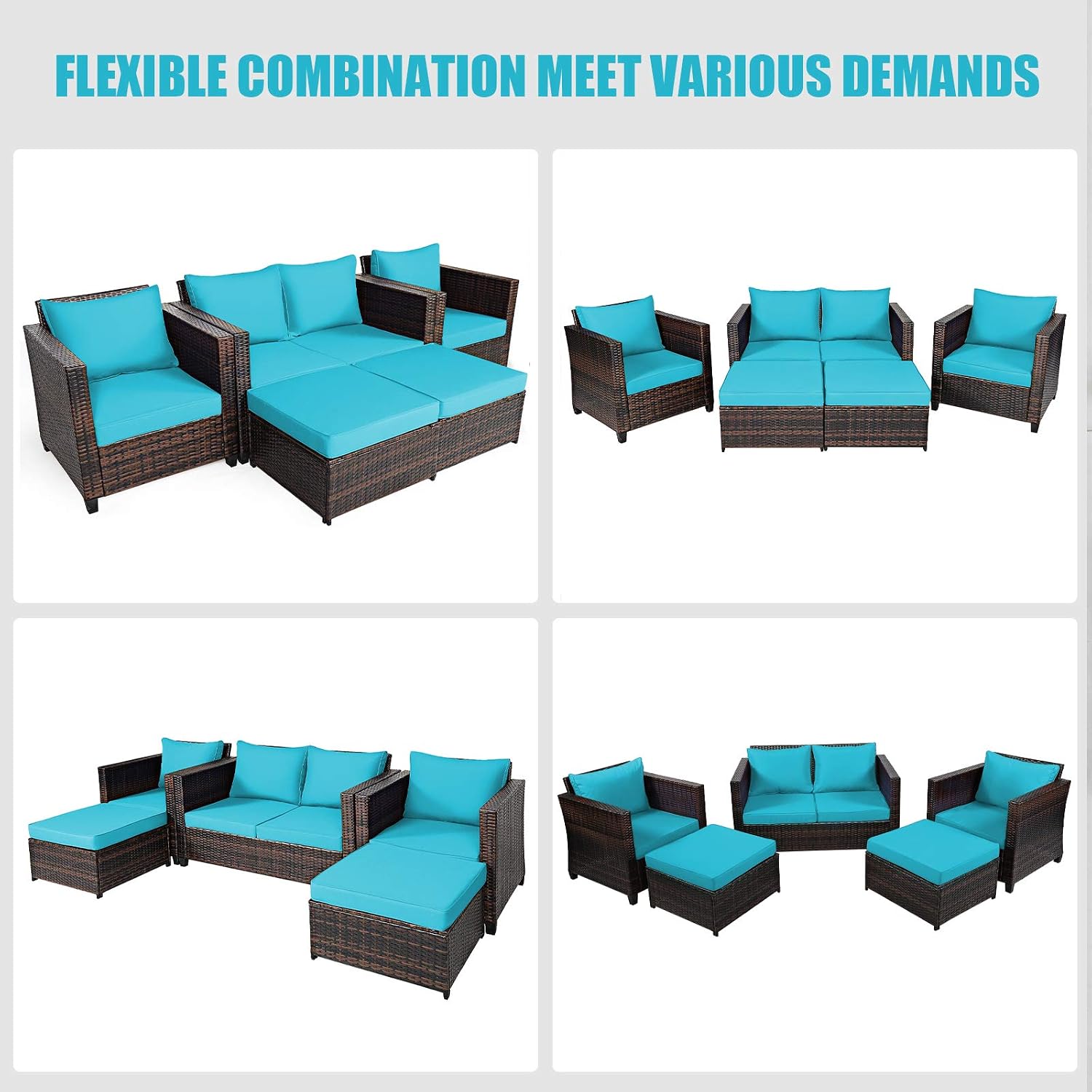 Tangkula 5 Pieces Rattan Patio Furniture Set, Outdoor Sectional Wicker Sofa Set with Loveseat, 2 Single Sofas, 2 Ottomans & Removable Cushion, Outside Daybed Sofa for Yard, Garden, Poolside, Turquoise