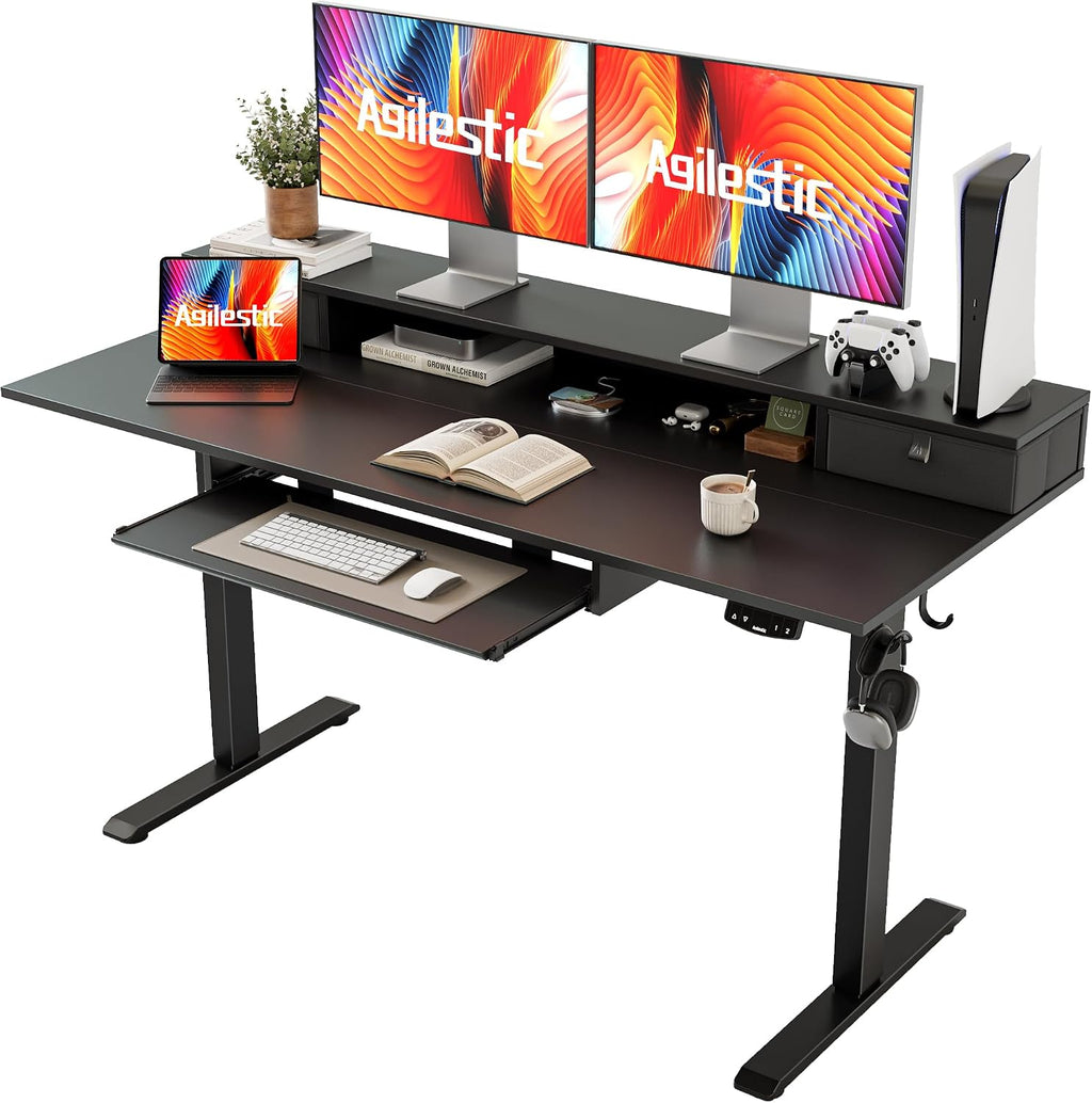 Agilestic Electric Standing Desk with 2 Drawers and Keyboard Tray, 55 x 24 Inches Ergonomic Adjustable Height Desk with Storage, Sit Stand up Desk Computer Workstation, Black