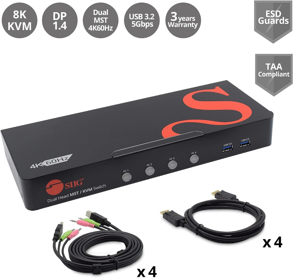 SIIG Dual Monitor DisplayPort KVM Switch 4 Computers 2 Monitors, 4X USB-A 5G, DP 1.4/ 8K 30Hz/ 4K 144hz with 3.5mm Audio & Mic, Keyboard & Mouse, TAA Compliant (CE-KV0H11-S1)