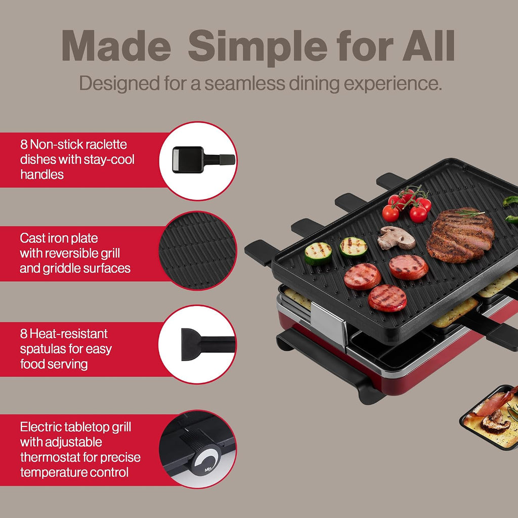 Swissmar Classic 8-Person Raclette Party Grill with Reversible Cast Iron Grill Plate/Crepe Top, Indoor Electric Raclette Grill & Griller - Red
