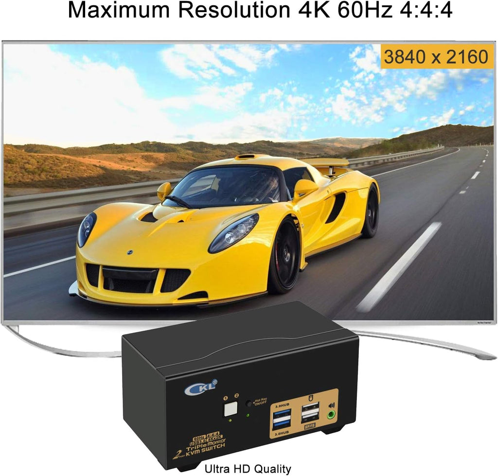 CKL USB 3.0 HDMI KVM Switch Triple Monitor 2 Port Extended Display 4K 60Hz with Cables and Audio 923HUA-3