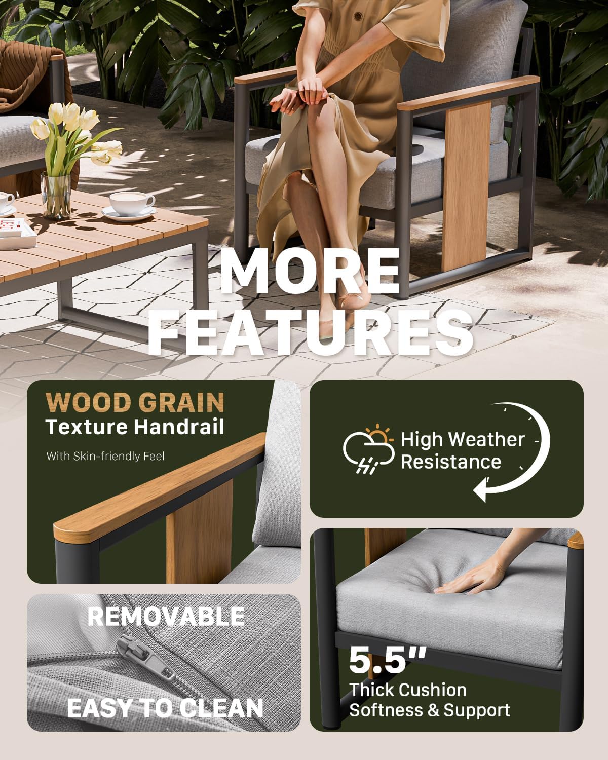 ZANDOR Aluminum Outdoor Patio Furniture Set – 2 Pcs Armchair with Washable Thick Cushions,All-Weather Modern Metal Furniture for Garden,Backyard,Porch,Grey