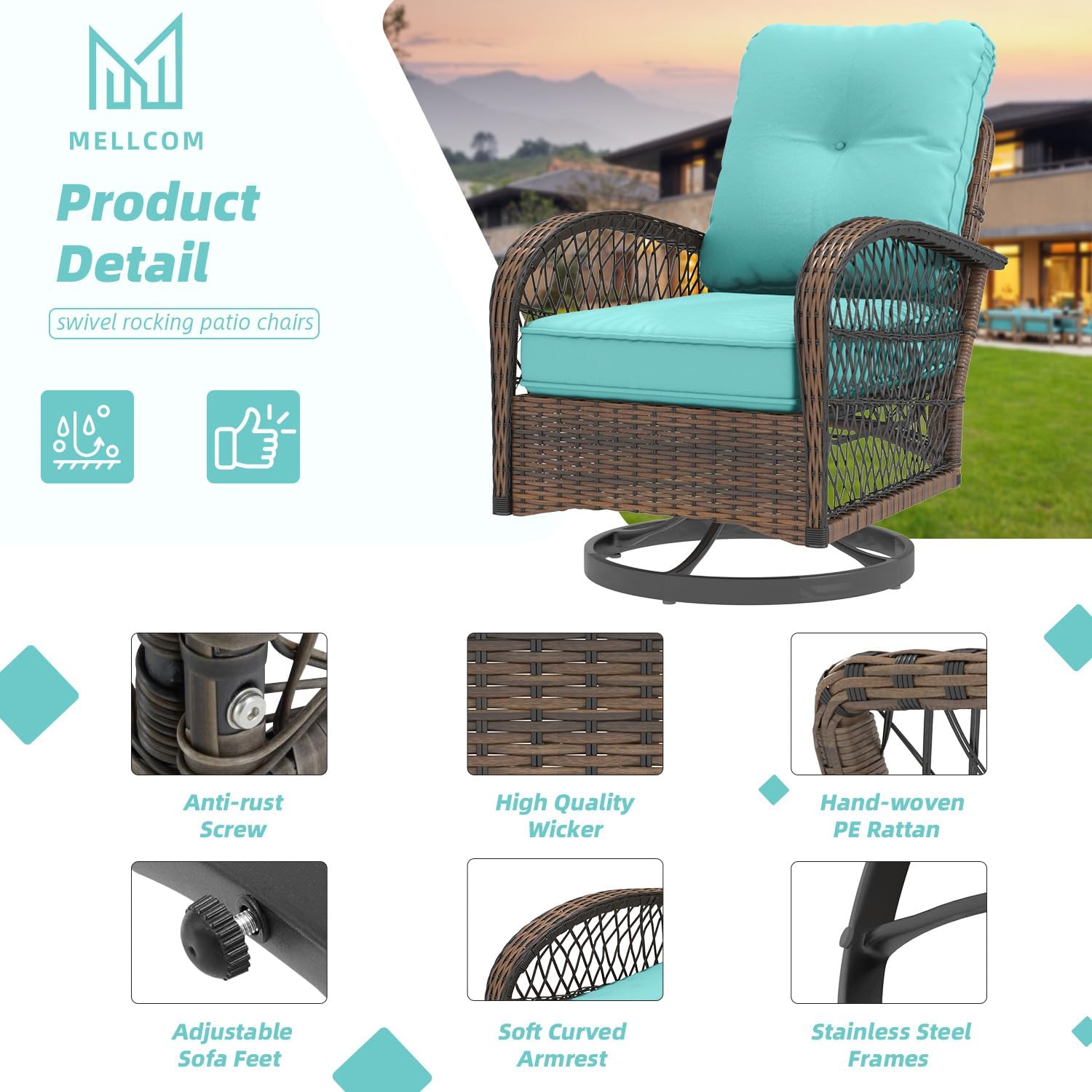 MELLCOM 3 Pieces Patio Furniture Set, Outdoor Swivel Rocker Patio Chairs, Wicker Patio Bistro Set with Rocking Chair, Thickened Cushions and Glass Coffee Table for Backyard, Garden, Peacock Blue