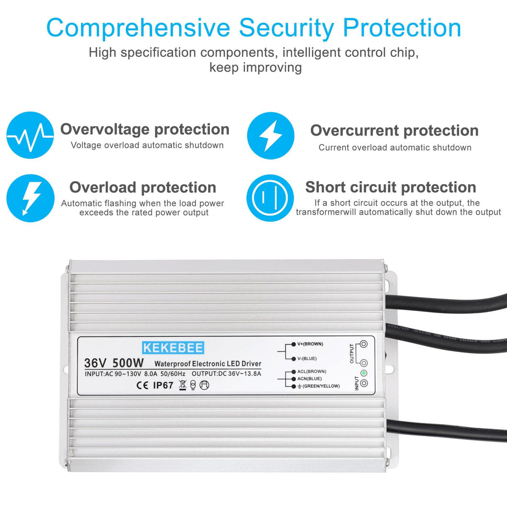 LED driver 36V 500W waterproof power supply AC90-135V to DC36V13.8A IP67 waterproof switching power supply suitable for outdoor LED lighting landscape lights street lights and 36V DC equipment