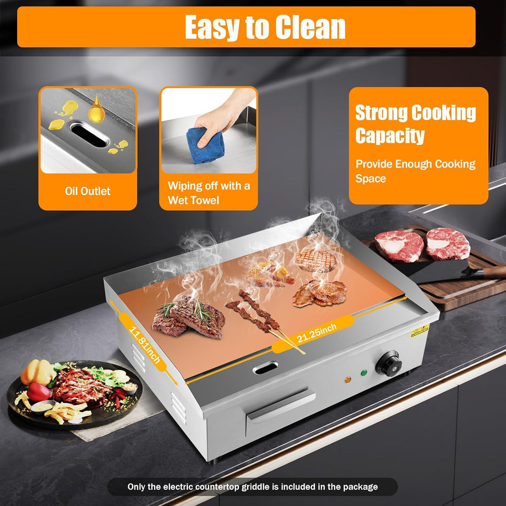 22' 3000W Commercial Countertop Electric Grill Pan, Flat Bottom Grill, Stainless Steel Hot Plate Grill, Adjustable Thermostat Control Restaurant Grill
