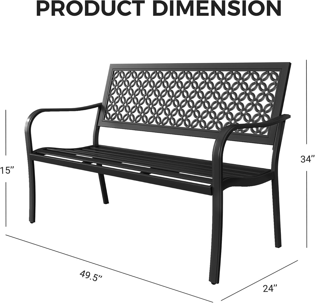 Grand patio 50' Outdoor Bench, Garden Benches with Anti-Rust Metal Powder Coated Frame, Patio Bench for Front Porch Park Outside Furniture Decor, Black