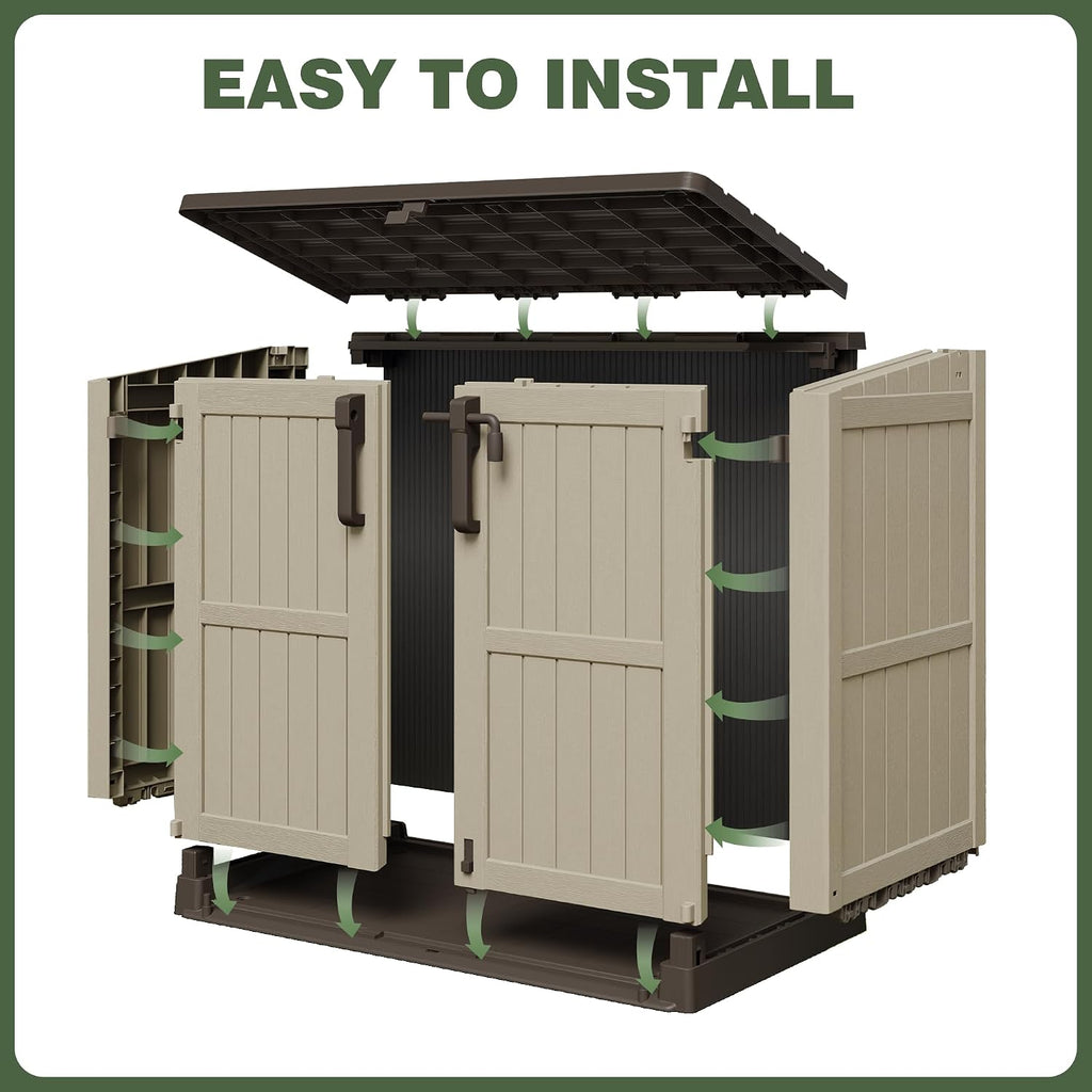 LHBcraft Waterproof Outdoor Storage Shed 36 Cu Ft with Lockable Doors, Portable Horizontal Resin Storage Cabinet, Outdoor Storage Box for Backyards, Brown-Beige