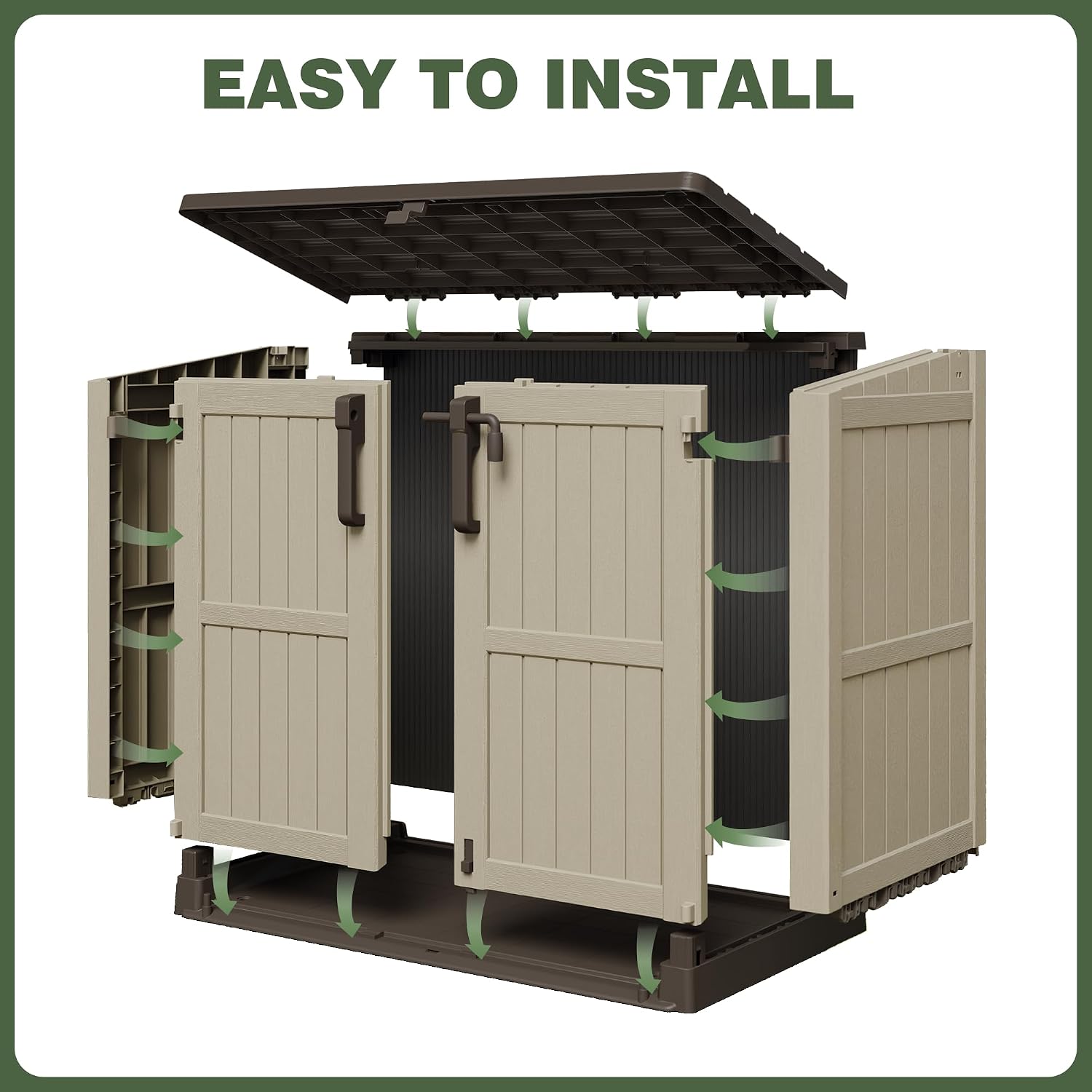 LHBcraft Waterproof Outdoor Storage Shed 36 Cu Ft with Lockable Doors, Portable Horizontal Resin Storage Cabinet, Outdoor Storage Box for Backyards, Brown-Beige