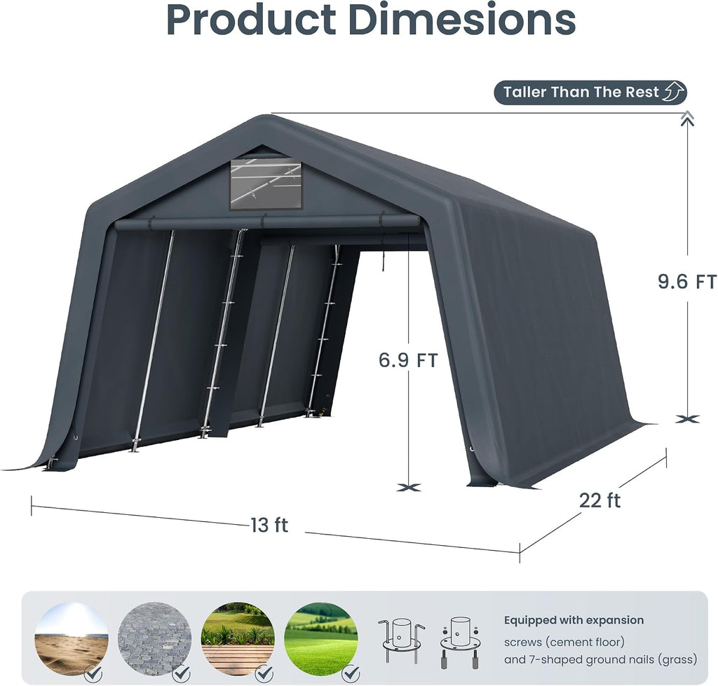 PHI VILLA 13X22ft Carport, Portable Garage Carports Outdoor Storage Shelter Shed Garage Canopy with Rollup Zipper Doors & Waterproof UV Resistant Garages Tent for Cars,Boats,Tools, Motorcycle, Gray