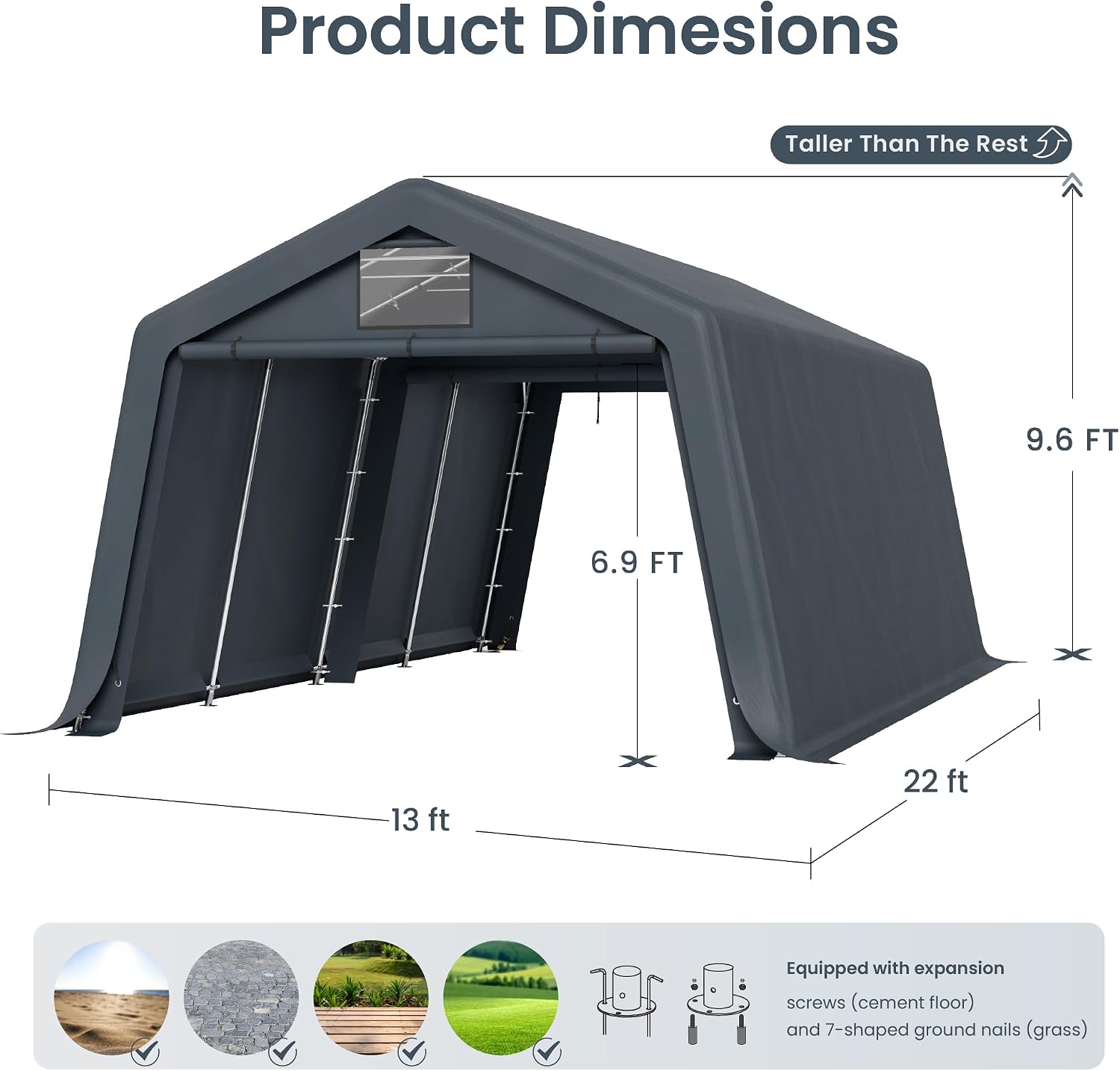 PHI VILLA 13X22ft Carport, Portable Garage Carports Outdoor Storage Shelter Shed Garage Canopy with Rollup Zipper Doors & Waterproof UV Resistant Garages Tent for Cars,Boats,Tools, Motorcycle, Gray