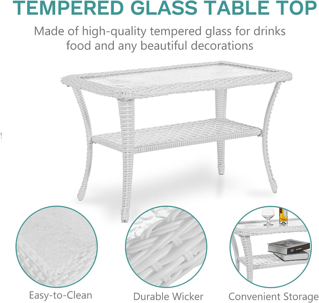 MEETWARM 4 Pieces Outdoor Wicker Patio Conversation Sets with Glider Loveseat, 2 Chairs with Coffee Table Wicker Rocking Chair Set, Patio Furniture Set with Thickened Cushions, White/Grey