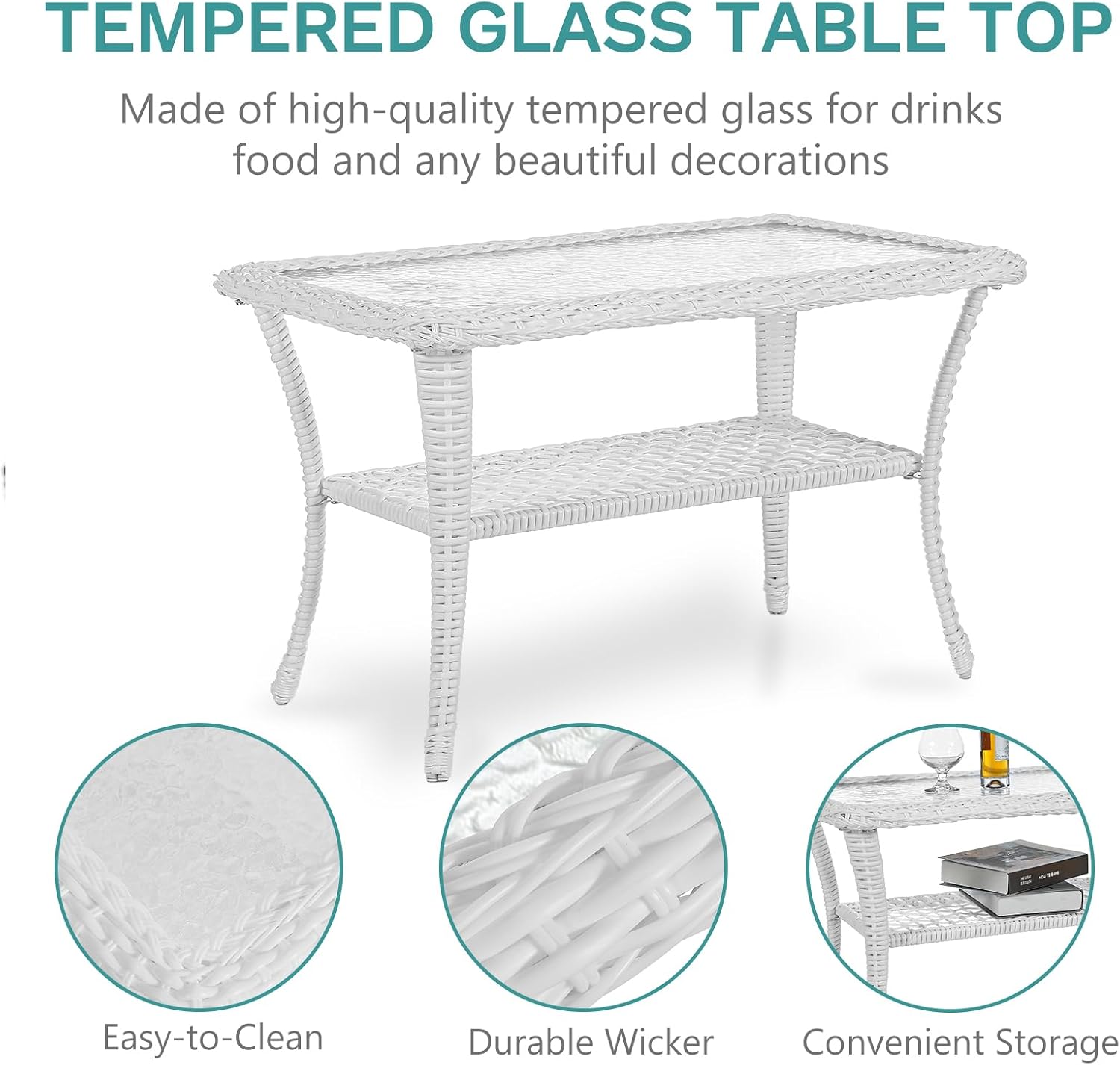 MEETWARM Outdoor Wicker Patio Glider Set, Loveseat for 2 Person Porch Furniture Glider with Glass-Top Coffee Table, Patio Glider Rocking Bench with Thickened Cushions, White Wicker/Grey