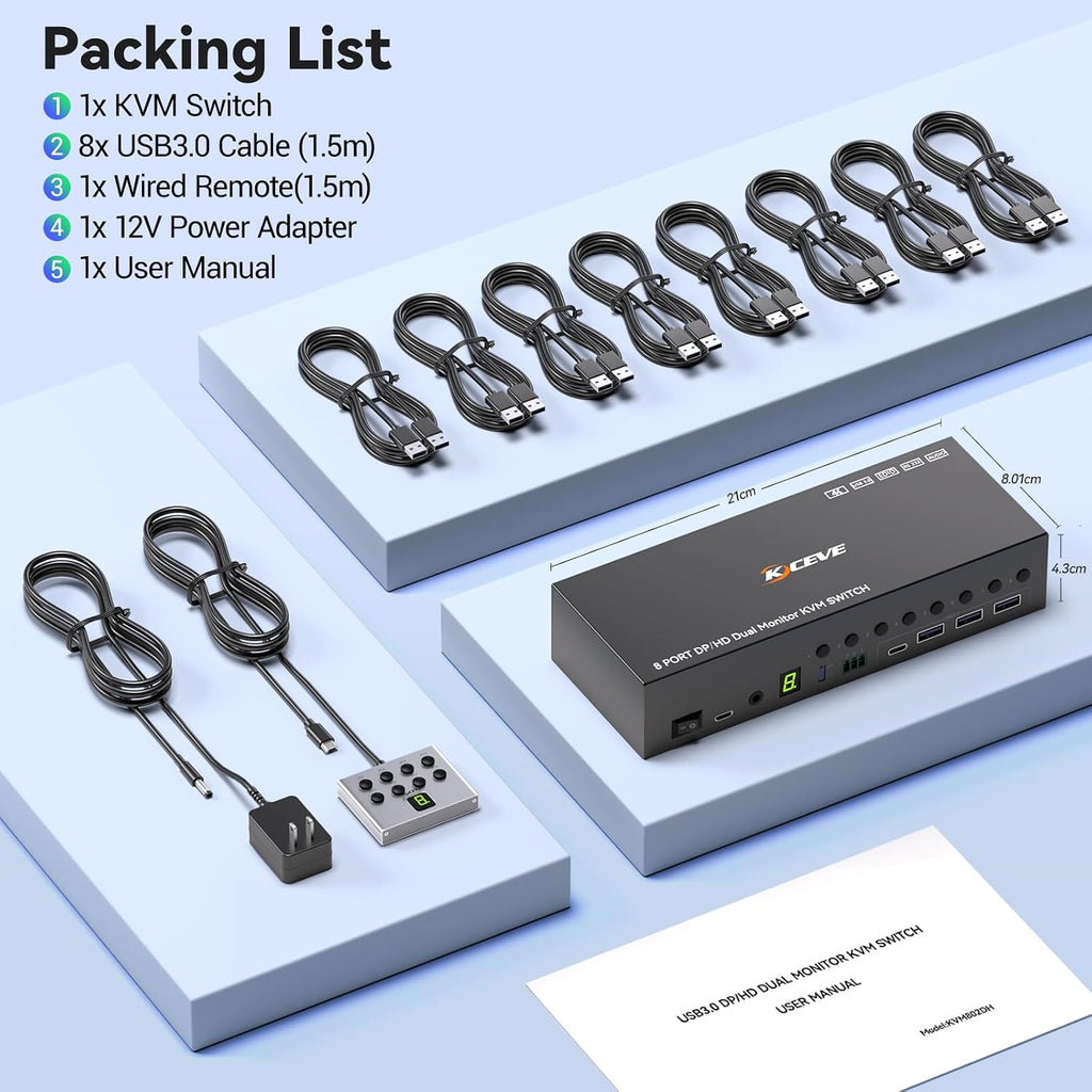 8 Port DisplayPort KVM Switch 4K@60Hz EDID Simulation, USB 3.0 DP KVM Switch for 8 Computers Share 1 Monitor and 4 USB Devices, Audio RS232,Wired Remote, 12V Power Supply & 8 USB Cables Included