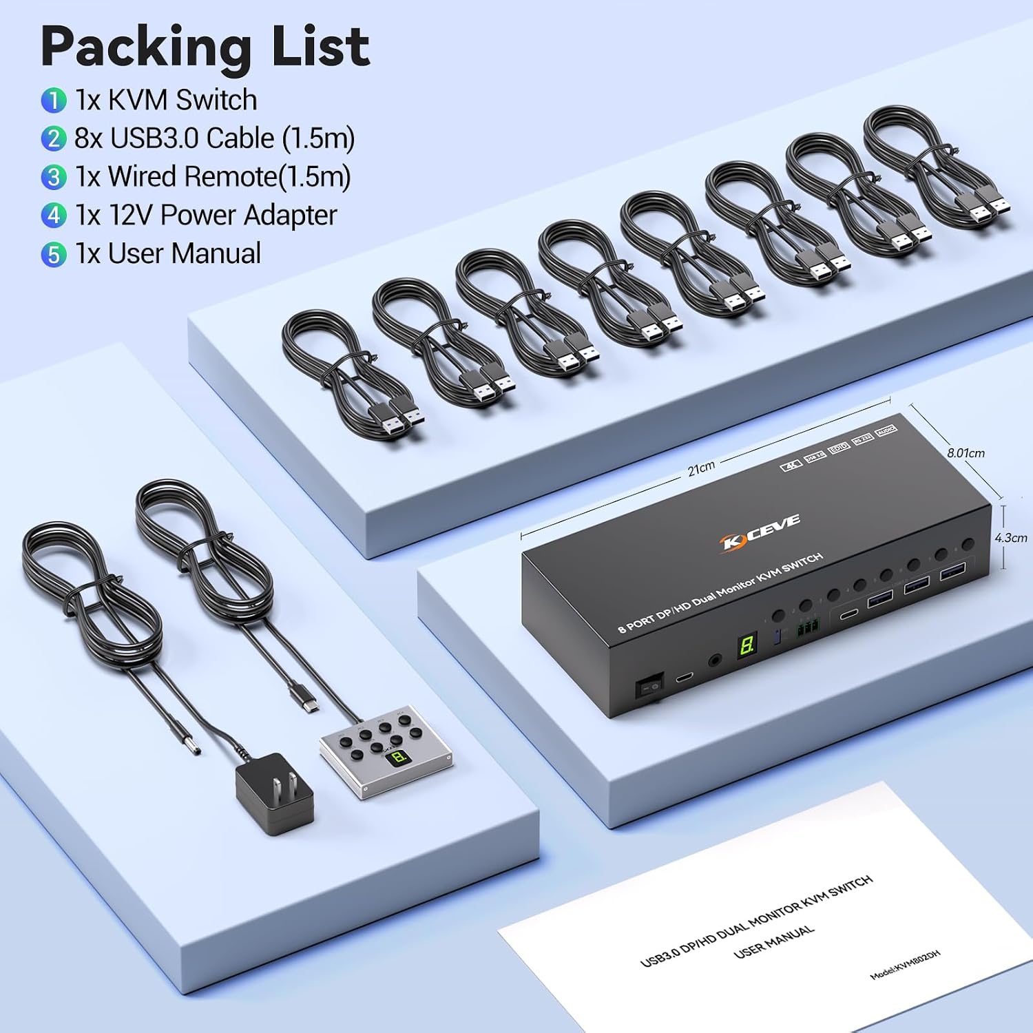 8 Port DisplayPort KVM Switch 4K@60Hz EDID Simulation, USB 3.0 DP KVM Switch for 8 Computers Share 1 Monitor and 4 USB Devices, Audio RS232,Wired Remote, 12V Power Supply & 8 USB Cables Included