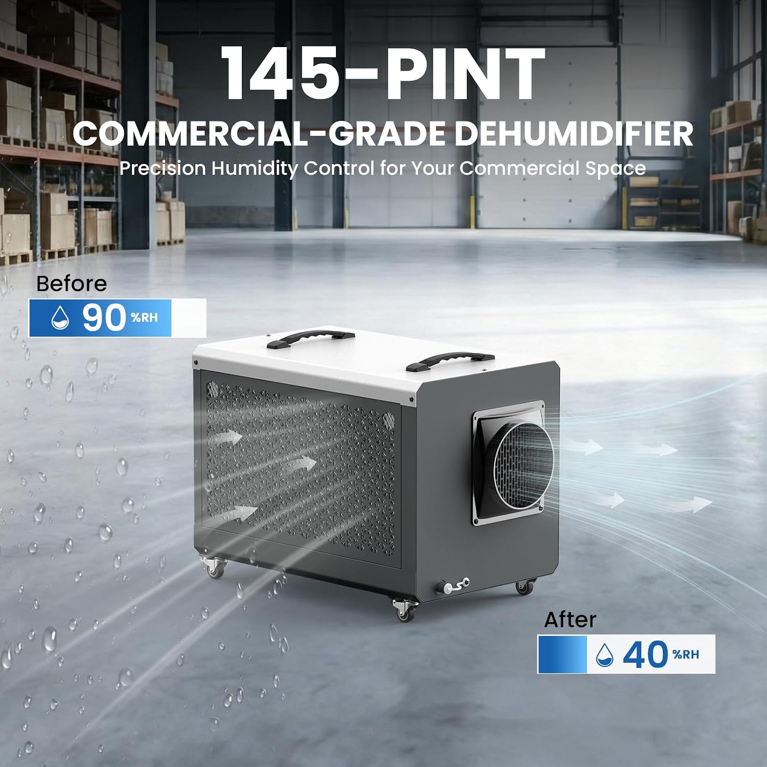 145 Pint Commercial Dehumidifier with Pump, Dehumidifiers for Crawl Space & Basement with Drain Hose, Industrial Dehumidifier with Swivel Caster for Large Space, Large Capacity, Auto Defrost