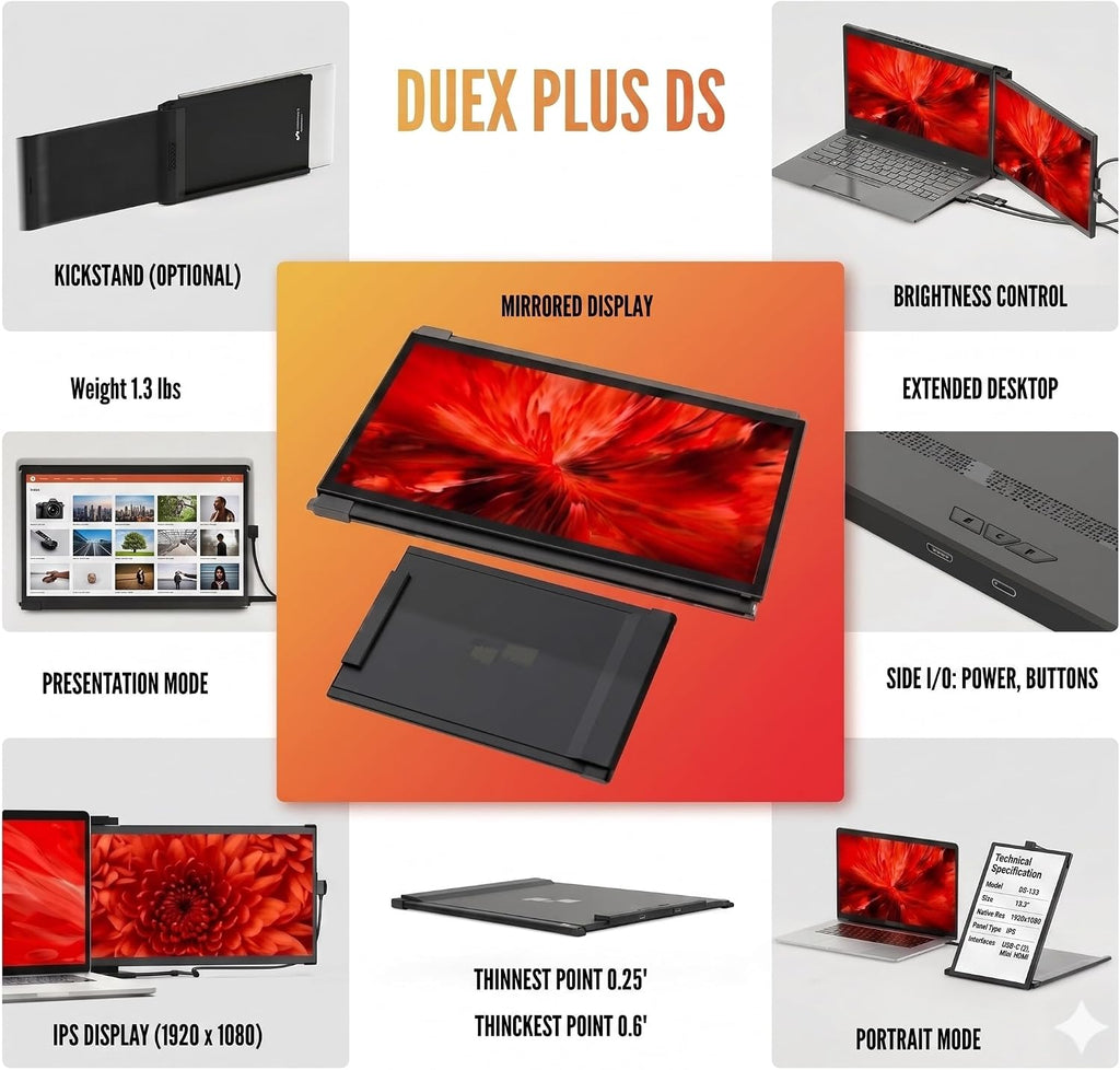 New Mobile Pixels Duex Plus DS Portable Monitor, 13.3' FHD 1080P Ultra Slim Laptop Monitor, HDMI/USB C Plug and Play Laptop Screen Extender for 13'-14' Laptops, Windows/Mac/Android/Switch Compatible