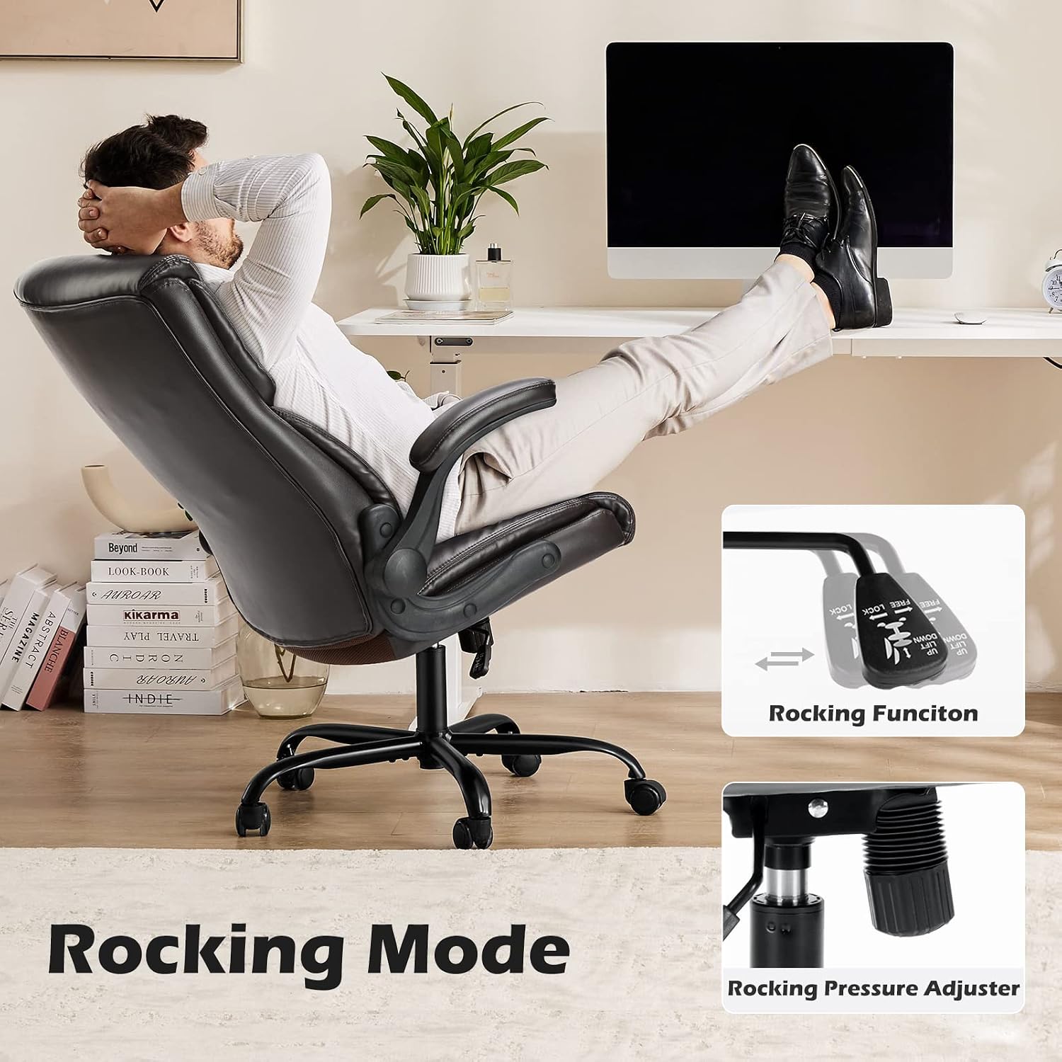 DUMOS Office Chair Set of 2 - Ergonomic Executive Computer Desk Chairs with Adjustable Flip-up Armrest, Swivel Task Chair with Lumbar Support, Strong Metal Base, PU Leather, Brown