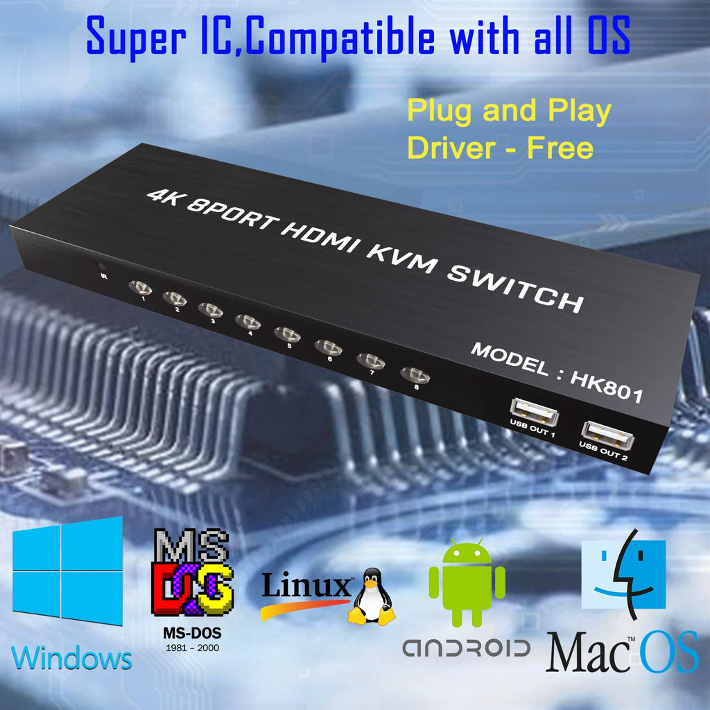 KVM Switch HDMI 8 Port - HDMI Switch with Remote- USB Switch Selector for 8 Computers Share Keyboard Mouse Printer,Flash Drive,HD Monitor, Support 4K@60Hz, 8 KVM Cables 1 Remote Included
