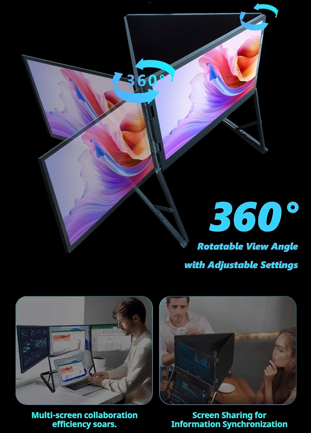 Triple 15.6 Pro Max 3 Screen Monitor, 1080p Tri Fold Monitor for Laptop Extender, Fhd Extended Laptop Screen Extenderwith 360° Rotation Adjustable Viewing Angles