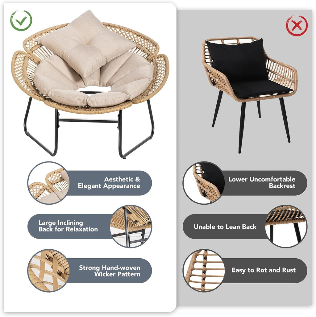 3 Pieces Rattan Bistro Set, Flower-Shaped Wicker Patio Furniture Set with Cushion & Pillow, Bistro Table and Chairs Set of 2 with Glass Top Table Adjustable Foot Pads in Balcony, Apartment