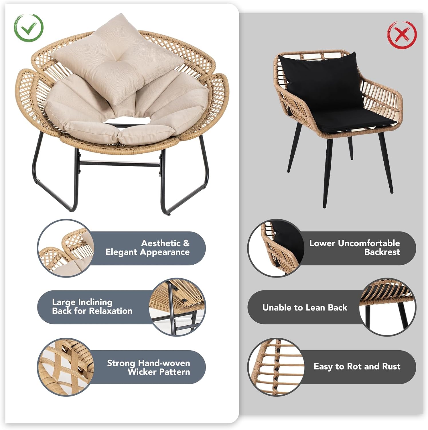 3 Pieces Rattan Bistro Set, Flower-Shaped Wicker Patio Furniture Set with Cushion & Pillow, Bistro Table and Chairs Set of 2 with Glass Top Table Adjustable Foot Pads in Balcony, Apartment