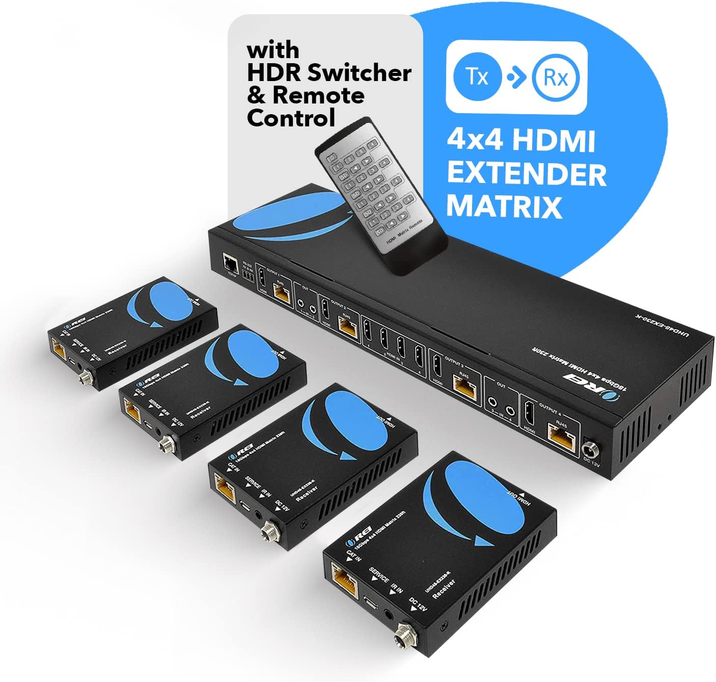 OREI 4K 4x4 HDMI Extender Matrix - UltraHD 4K @ 60Hz 4:4:4 Over Single CAT5e/6/7 Cable with HDR Switcher & IR Control, RS-232 - Up to 230 Ft - 1080P Downscale - 4 x Loop Out - 4 Receivers Included