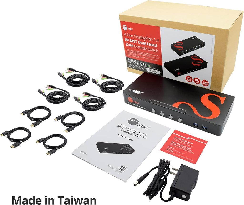 SIIG Dual Monitor DisplayPort KVM Switch 4 Computers 2 Monitors, 4X USB-A 5G, DP 1.4/ 8K 30Hz/ 4K 144hz with 3.5mm Audio & Mic, Keyboard & Mouse, TAA Compliant (CE-KV0H11-S1)