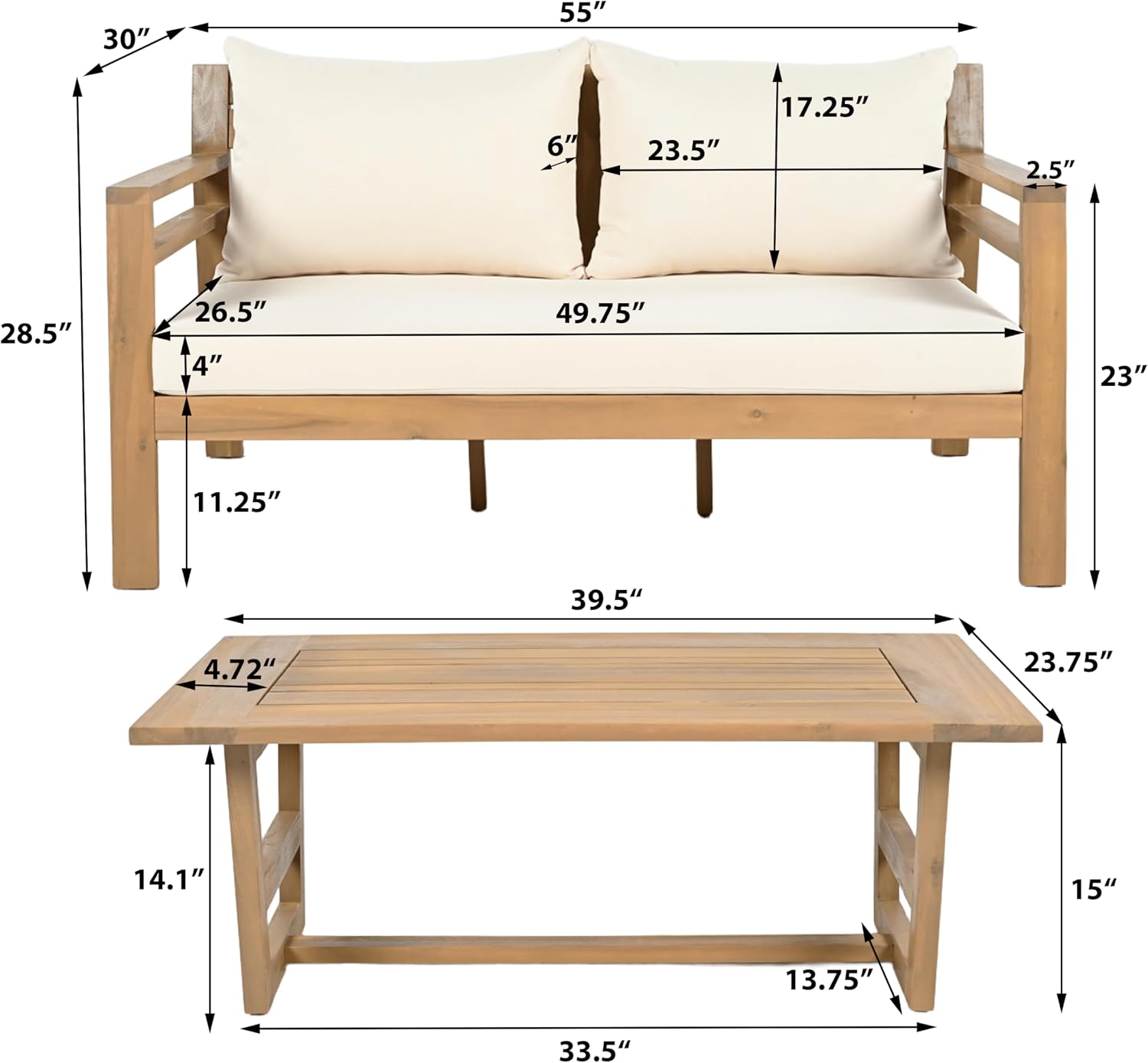 Christopher Knight Home Jamaia 2 Pieces Acacia Furniture Set, Patio Conversation Chat 2-Seat Sofa Set with Coffee Table, Outdoor Acacia Loveseat Set for Garden Porch Backyard Balcony, Light Teak+Beige