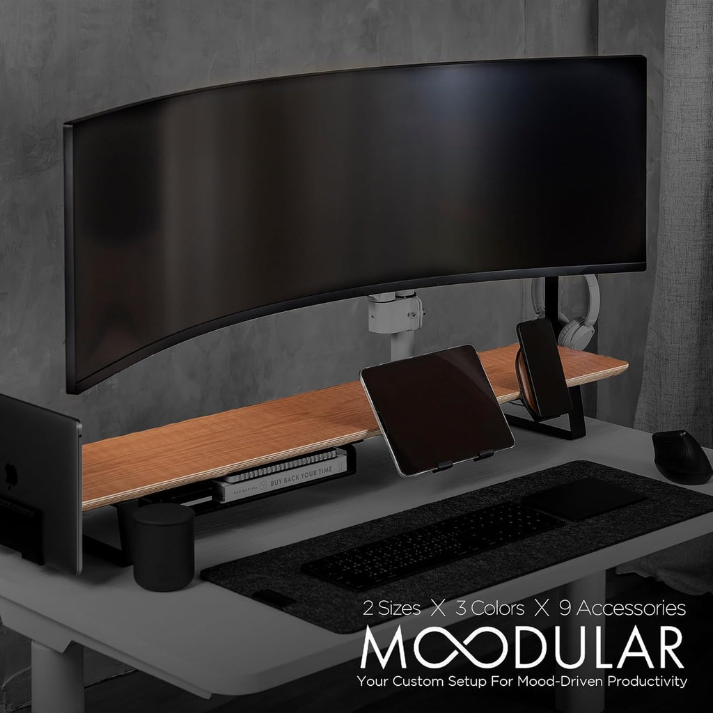 ULTRARM Moodular Wooden Monitor Stand 45.6' (116cm) Large Desk Organizer with Metal Slide Rails for Drawer, Tray, Laptop, Tablet, Phone & Headphones Customizable Riser for Organized Workspace Oak