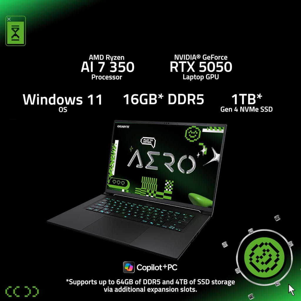 GIGABYTE AERO X16; Copilot+ PC - 165Hz 2560x1600 WQXGA - NVIDIA GeForce RTX 5050 - AMD Ryzen AI 7 350-1TB SSD with 16GB DDR5 RAM - Windows 11 Home - Space Gray AERO X16 1TH93USC94AH