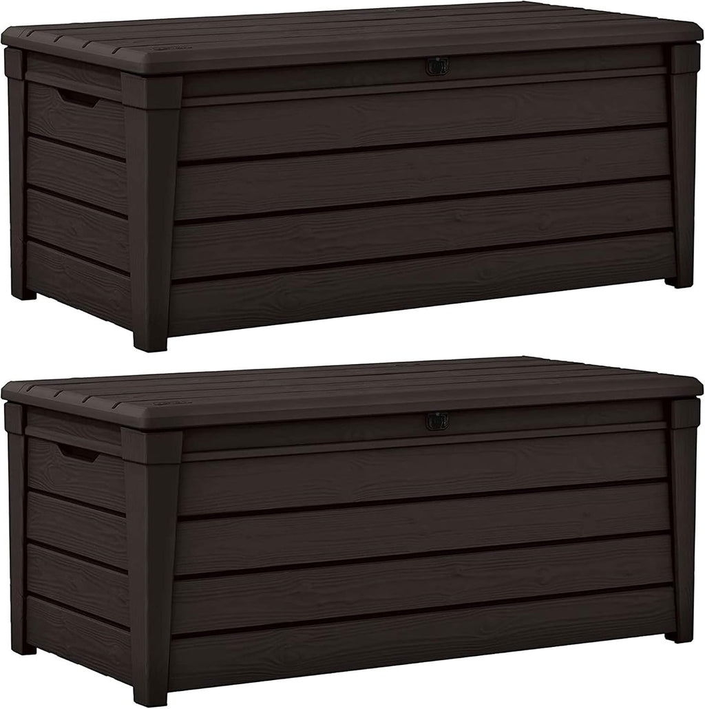 Keter 2 Pack Storage Bench, Weatherproof Resin Outdoor Backyard 120 Gallon Deck Box, Brightwood, Brown