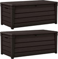 Keter 2 Pack Storage Bench, Weatherproof Resin Outdoor Backyard 120 Gallon Deck Box, Brightwood, Brown