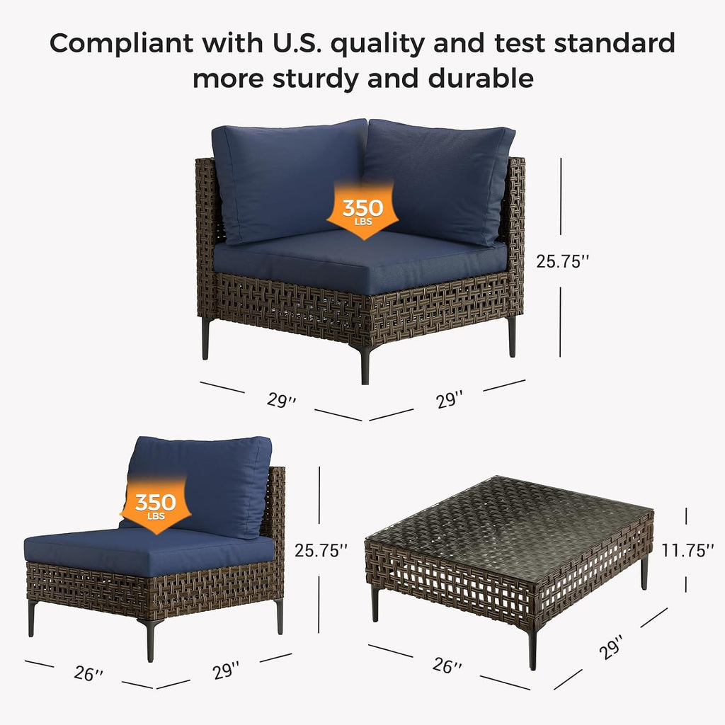 Grand patio 3-Piece Wicker Patio Furniture Set, Retro Outdoor Sectional Sofa with Water Resistant Blue Thick Cushions and Coffee Table, Brown