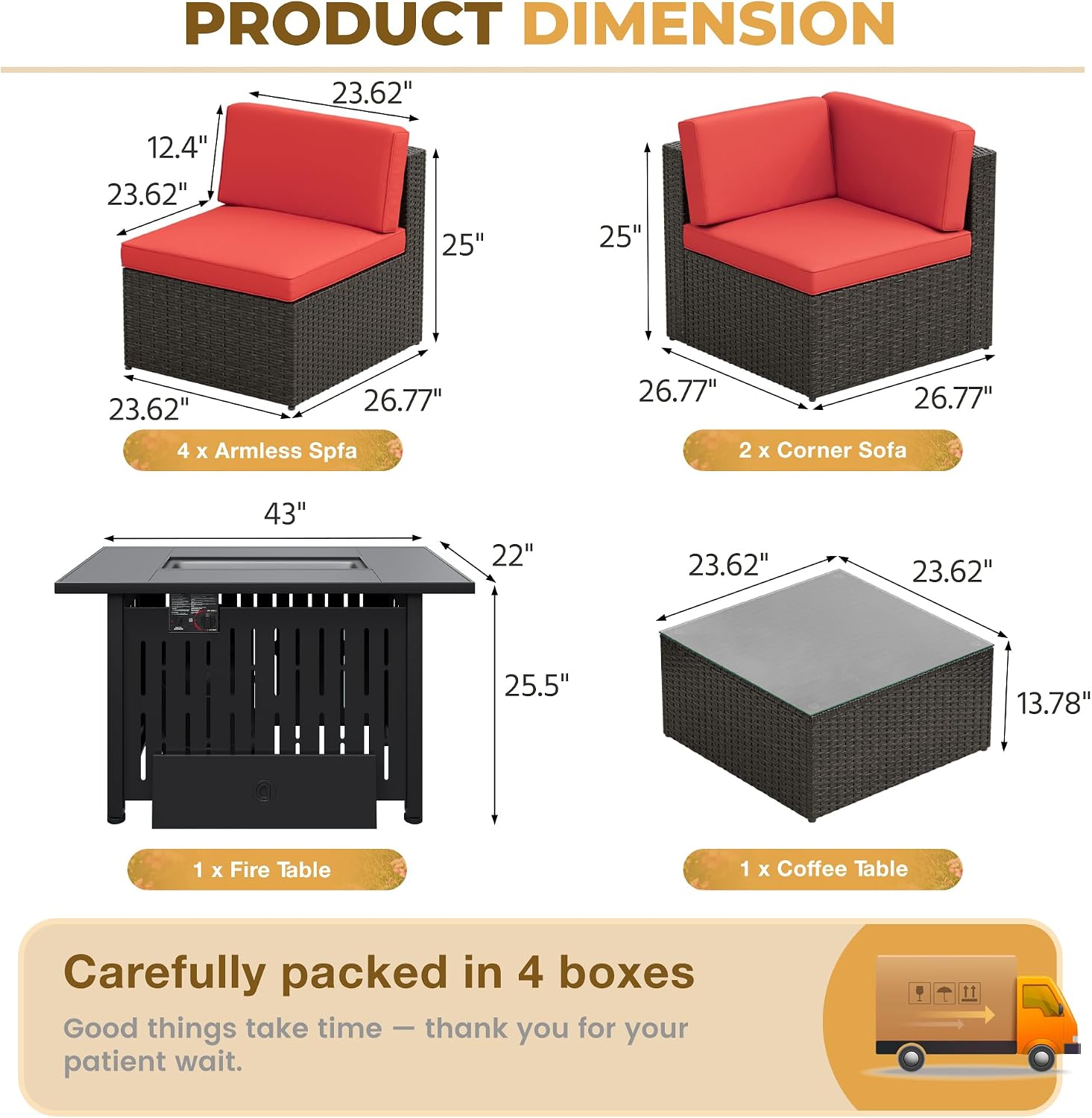 Flamaker 8 Pieces Patio Furniture Set with Fire Pit Table Outdoor Sectional Patio Sofa Furniture Set with Gas Fire Pit and Coffee Table & Ottoman Cushion Pillows, Red